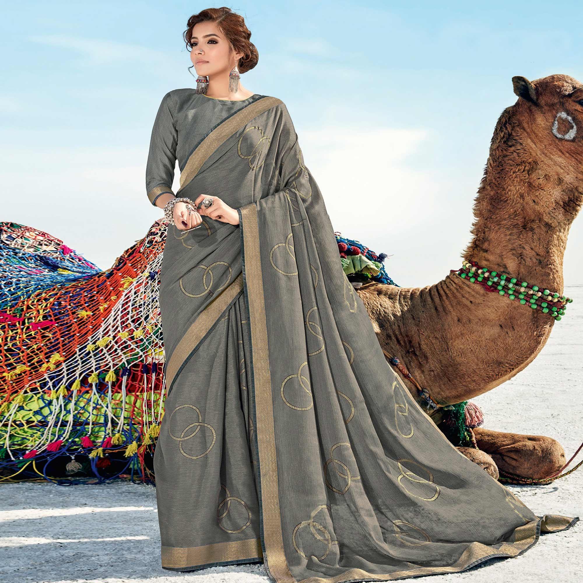 Grey Casual Wear Printed Brasso Saree - Peachmode