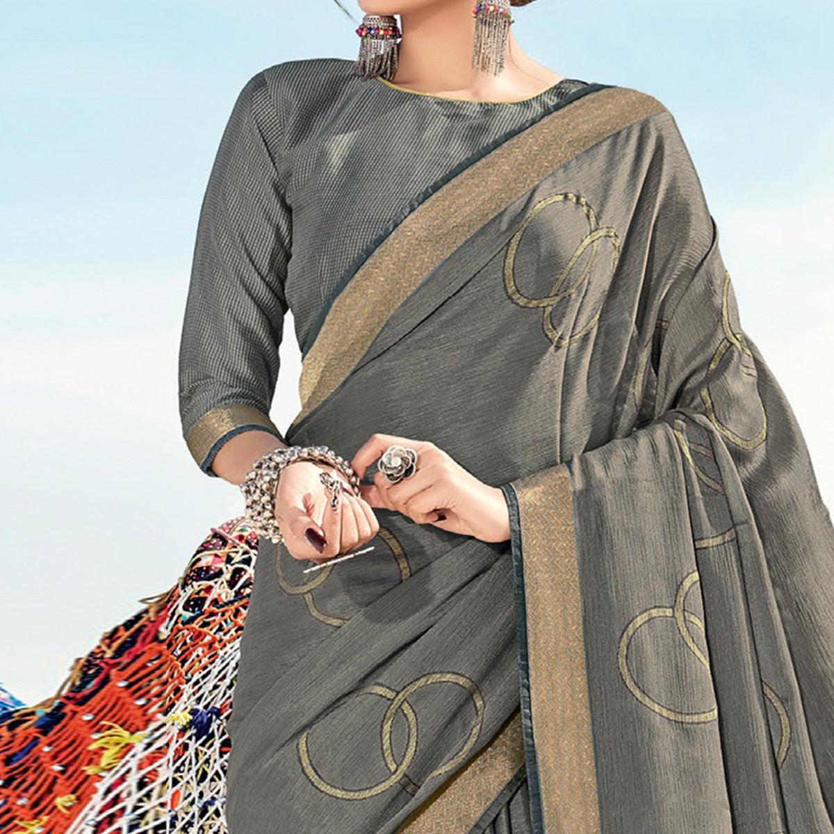 Grey Casual Wear Printed Brasso Saree - Peachmode
