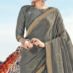 Grey Casual Wear Printed Brasso Saree - Peachmode