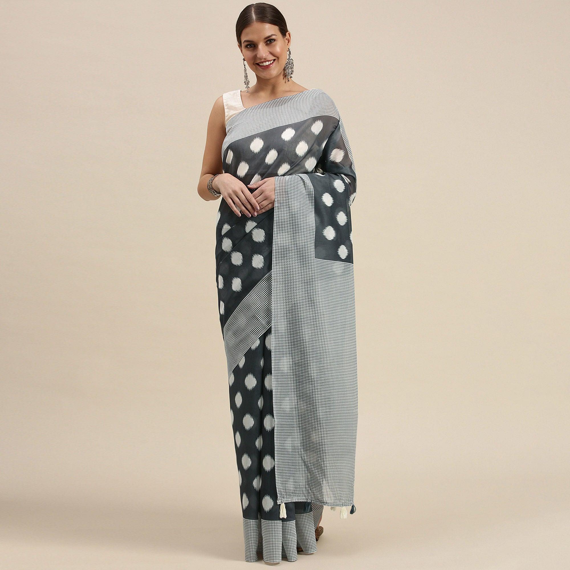 Grey Casual Wear Printed Cotton Blend Saree With Tassels - Peachmode