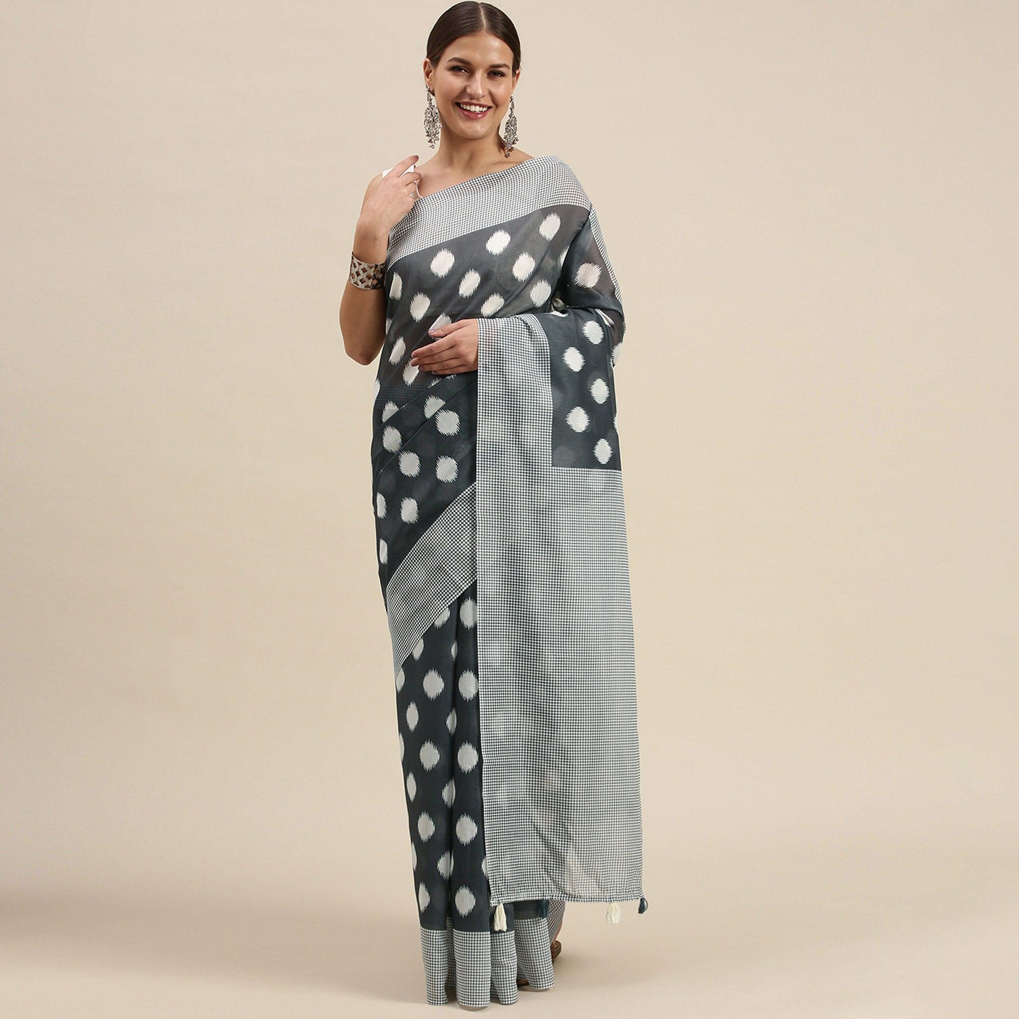 Grey Casual Wear Printed Cotton Blend Saree With Tassels - Peachmode