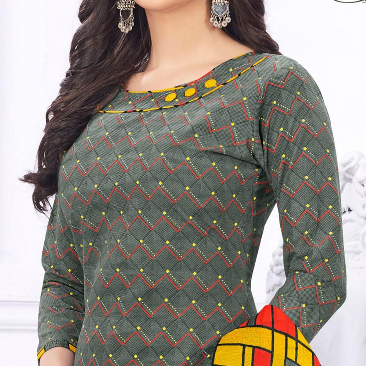 Grey Casual Wear Printed Cotton Dress Material - Peachmode