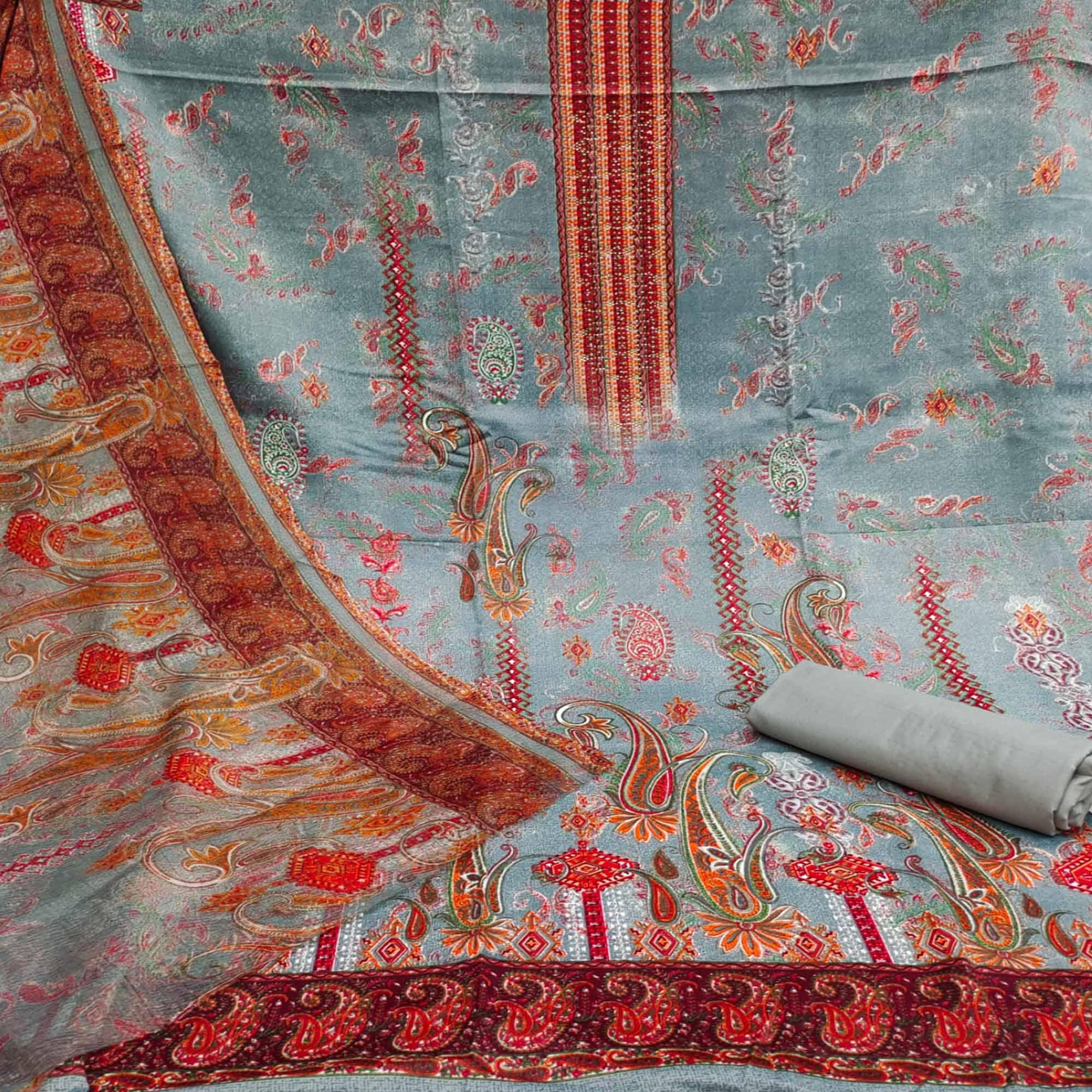 Grey Casual Wear Printed Cotton Dress Material - Peachmode