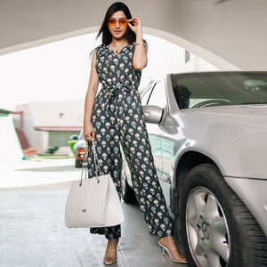 Grey Casual Wear Printed Cotton Jumpsuit - Peachmode