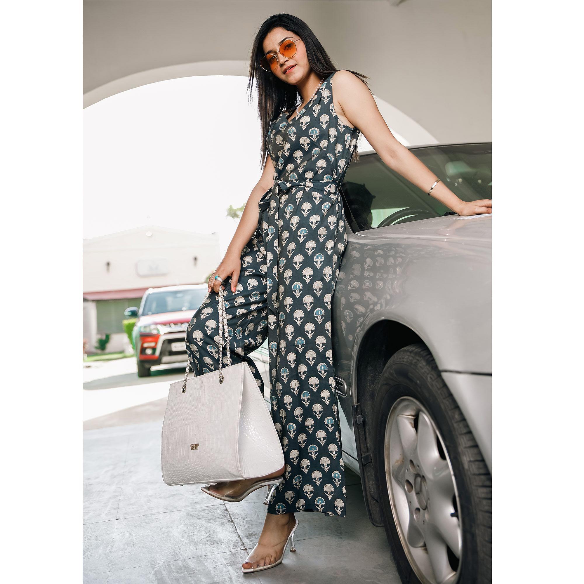 Grey Casual Wear Printed Cotton Jumpsuit - Peachmode