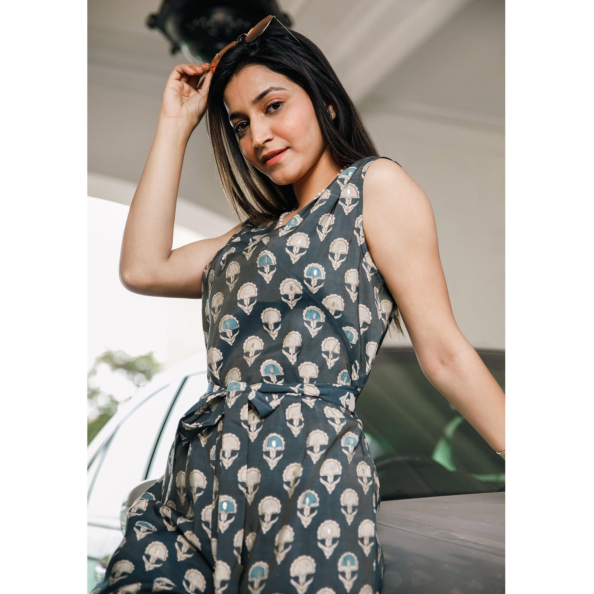 Grey Casual Wear Printed Cotton Jumpsuit - Peachmode