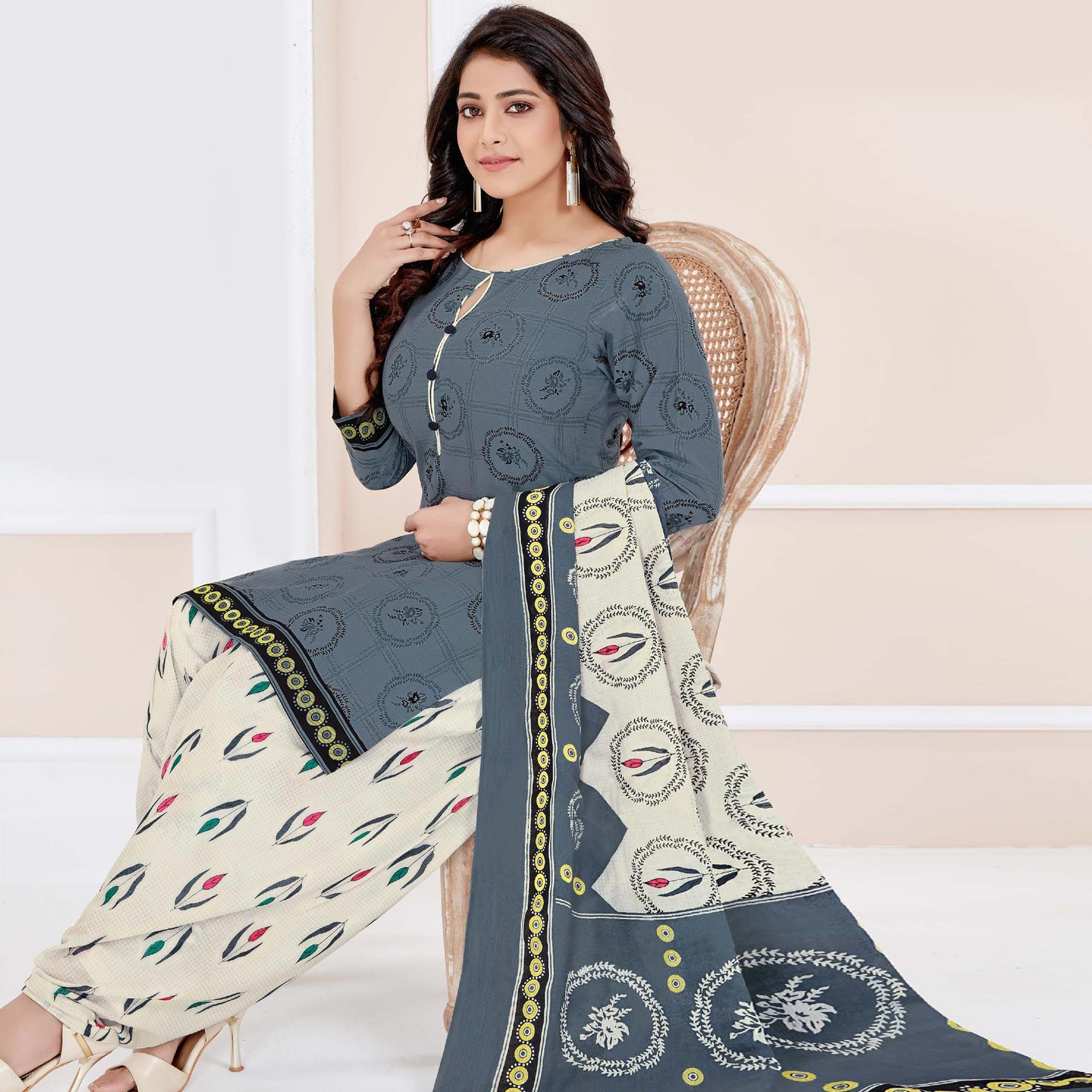 Grey Casual Wear Printed Cotton Patiala Dress Material - Peachmode