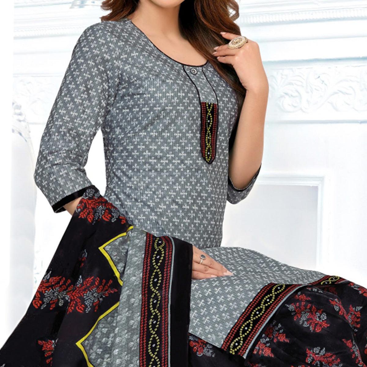 Grey Casual Wear Printed Cotton Patiala Dress Material - Peachmode