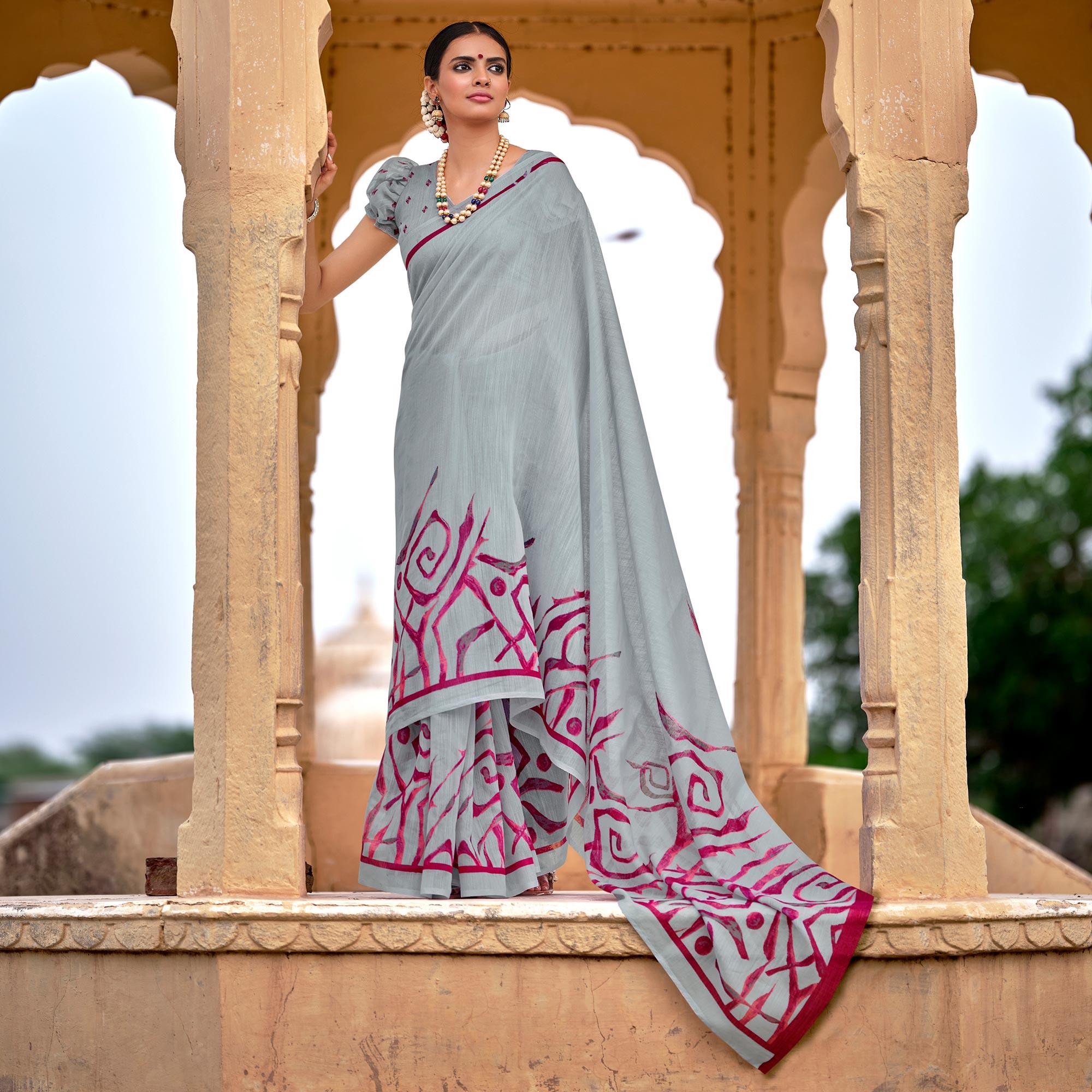 Grey Casual Wear Printed Cotton Silk Saree - Peachmode
