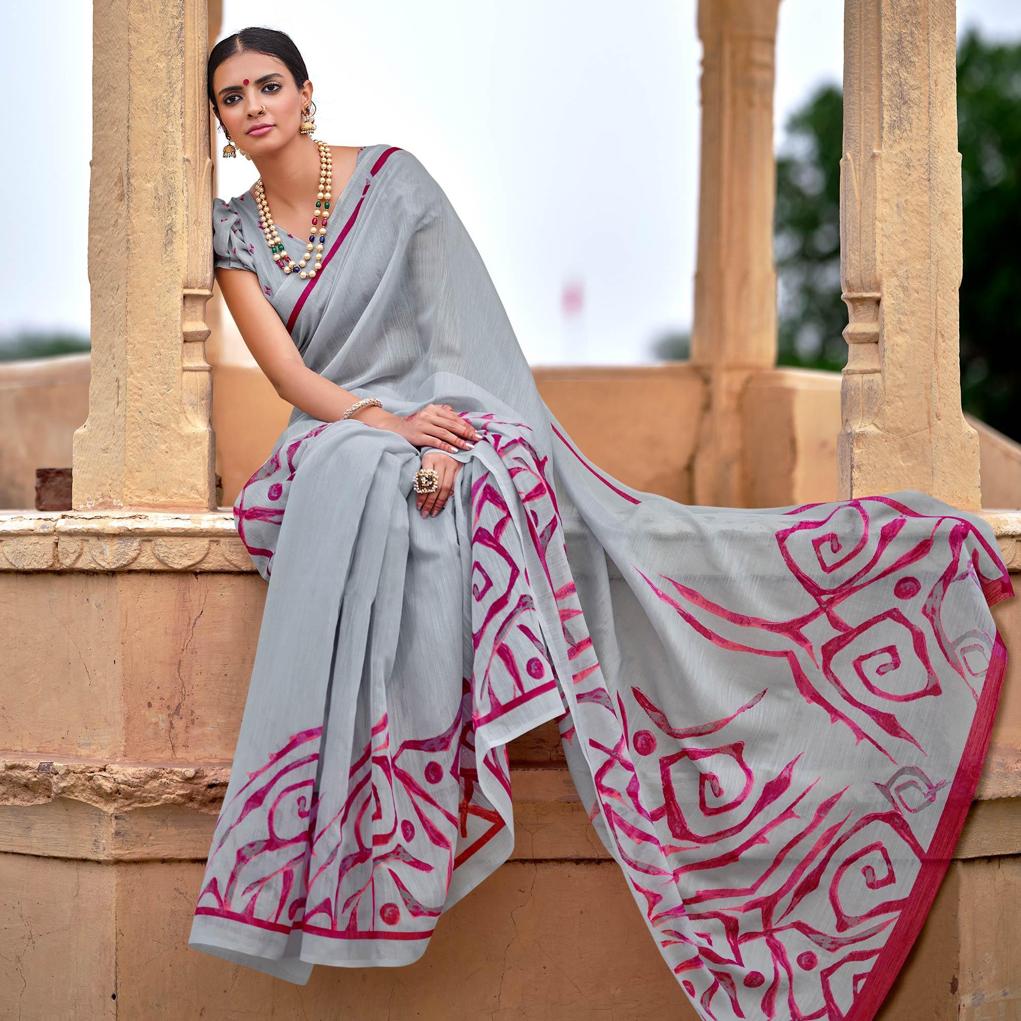 Grey Casual Wear Printed Cotton Silk Saree - Peachmode