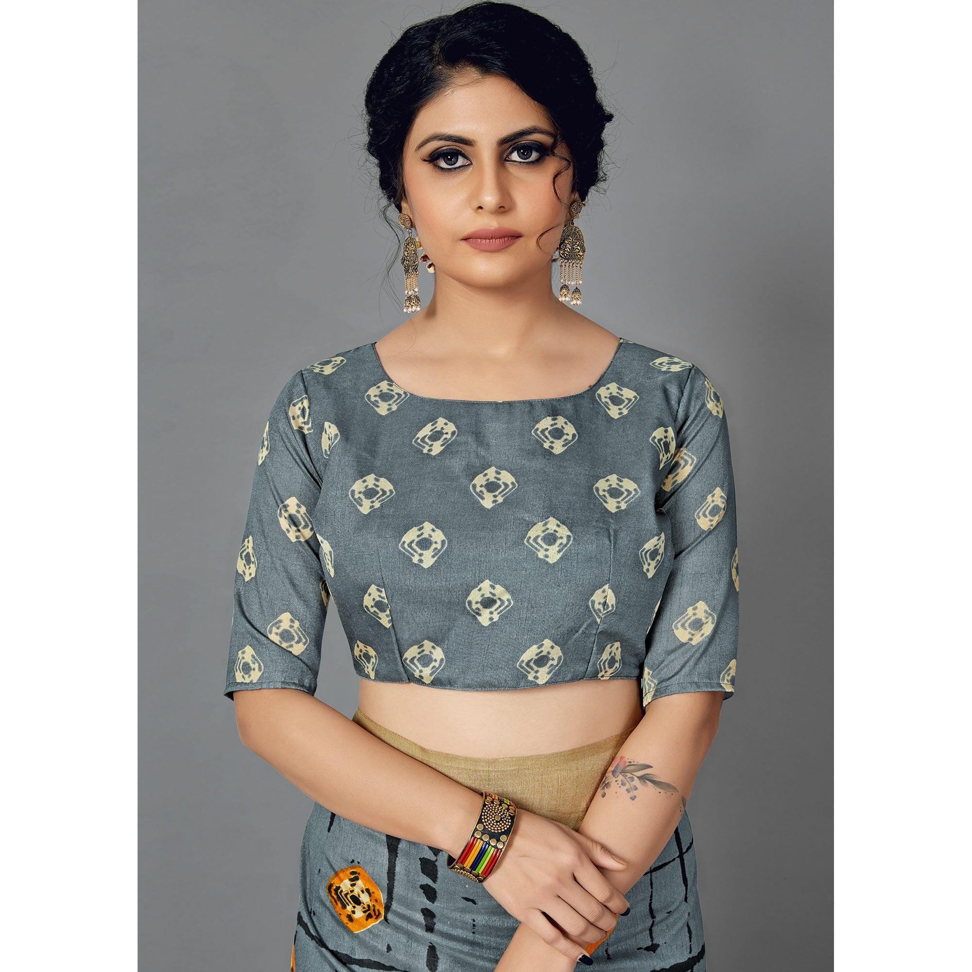 Grey Casual Wear Printed Dhapa Silk Saree - Peachmode