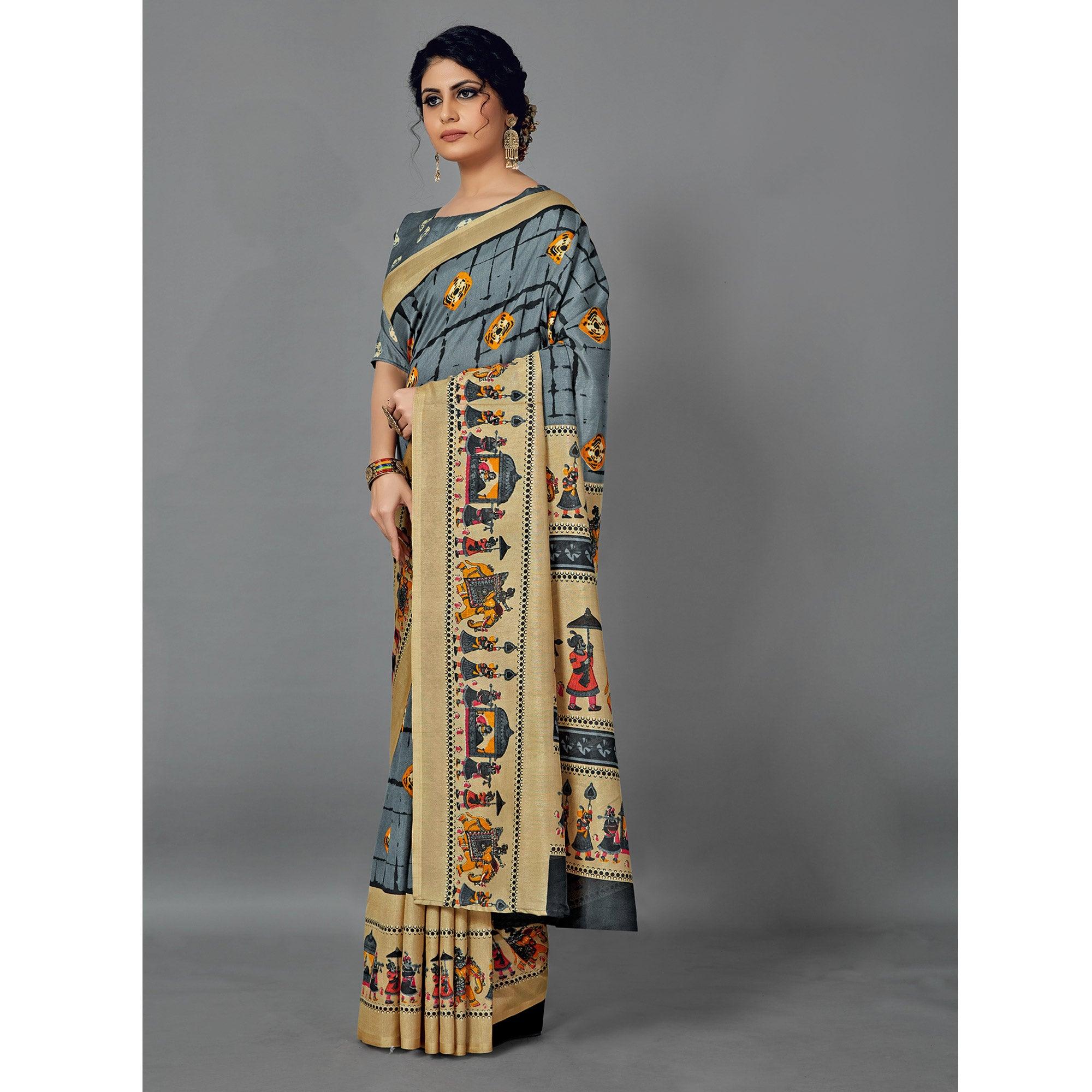 Grey Casual Wear Printed Dhapa Silk Saree - Peachmode