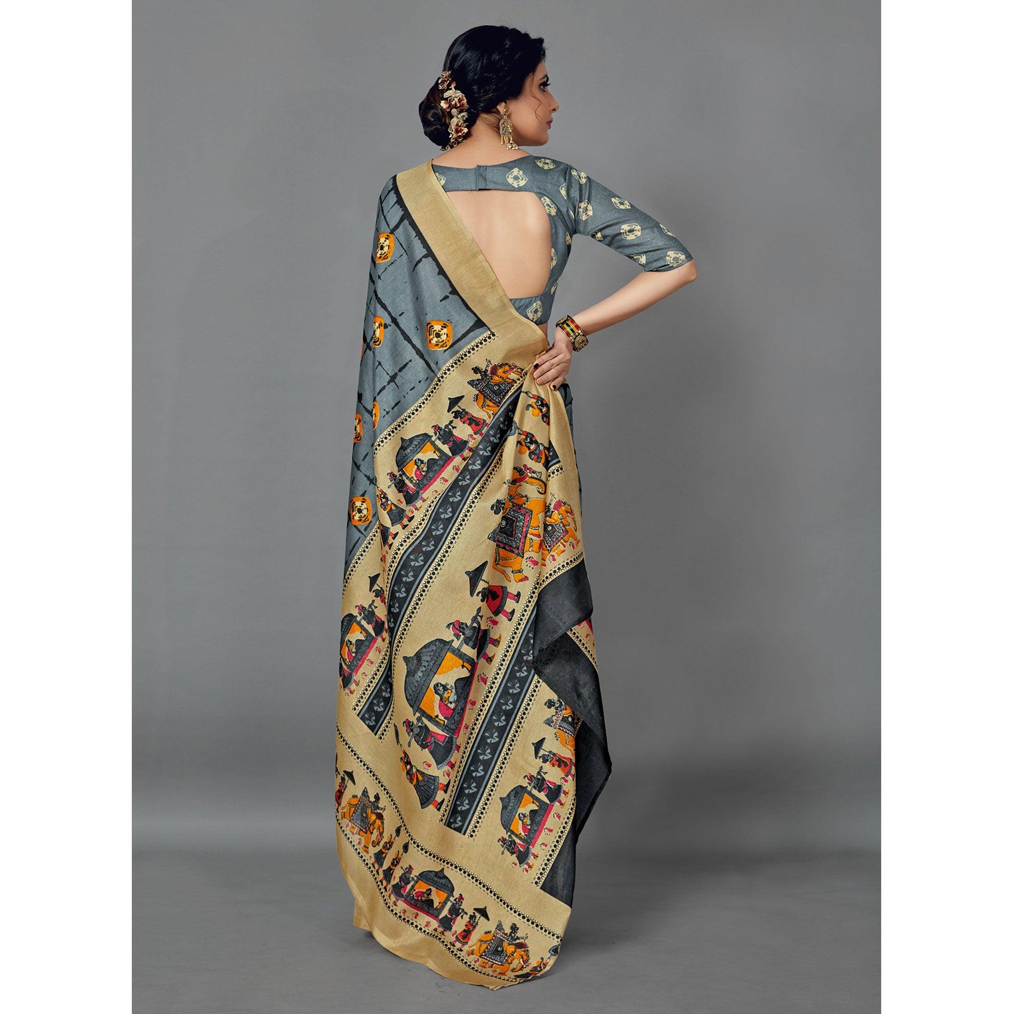 Grey Casual Wear Printed Dhapa Silk Saree - Peachmode