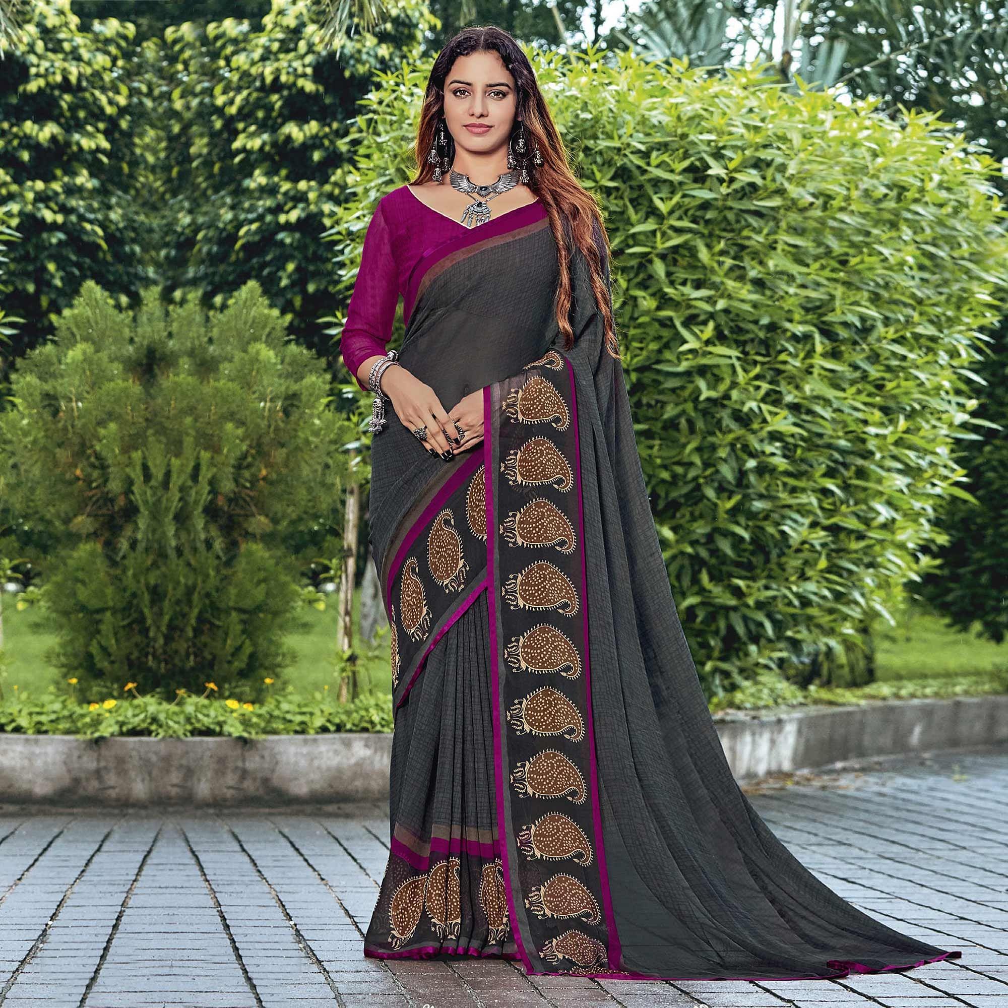Grey Casual Wear Printed Georgette Saree - Peachmode