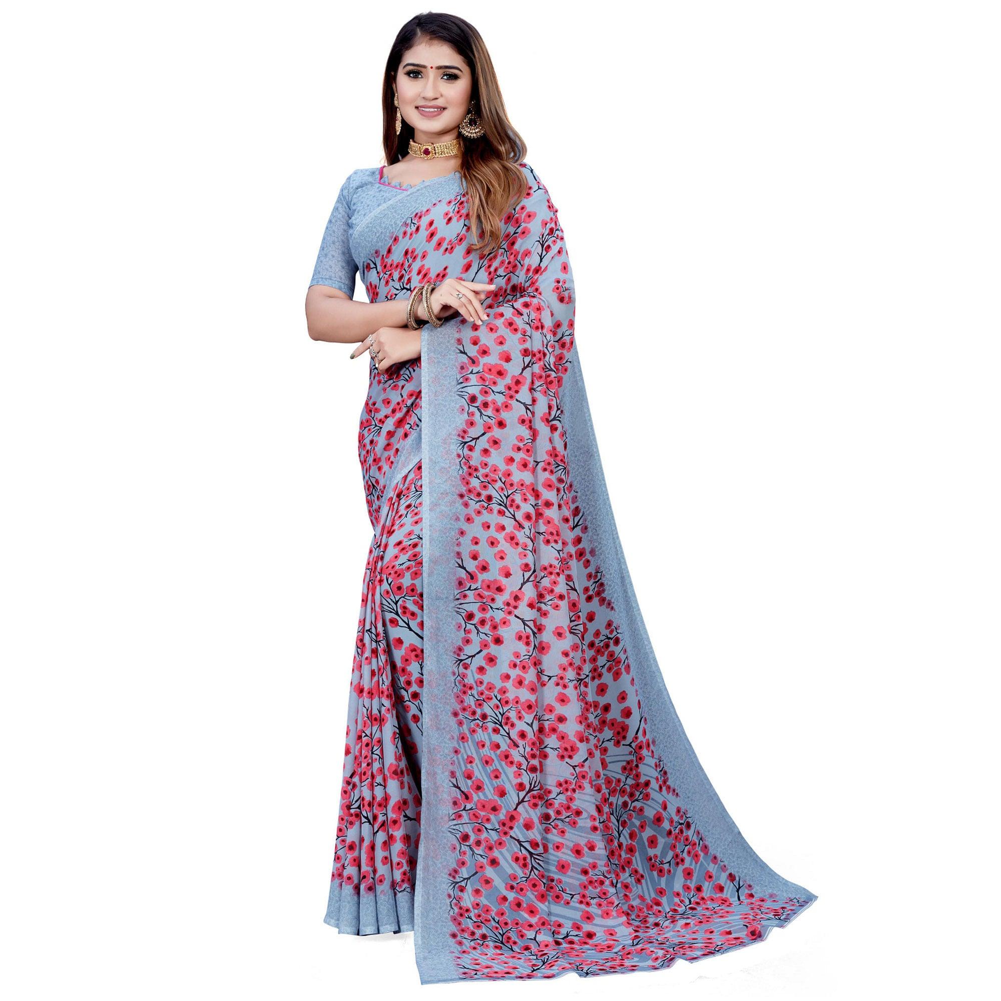 Grey Casual Wear Printed Georgette Saree - Peachmode