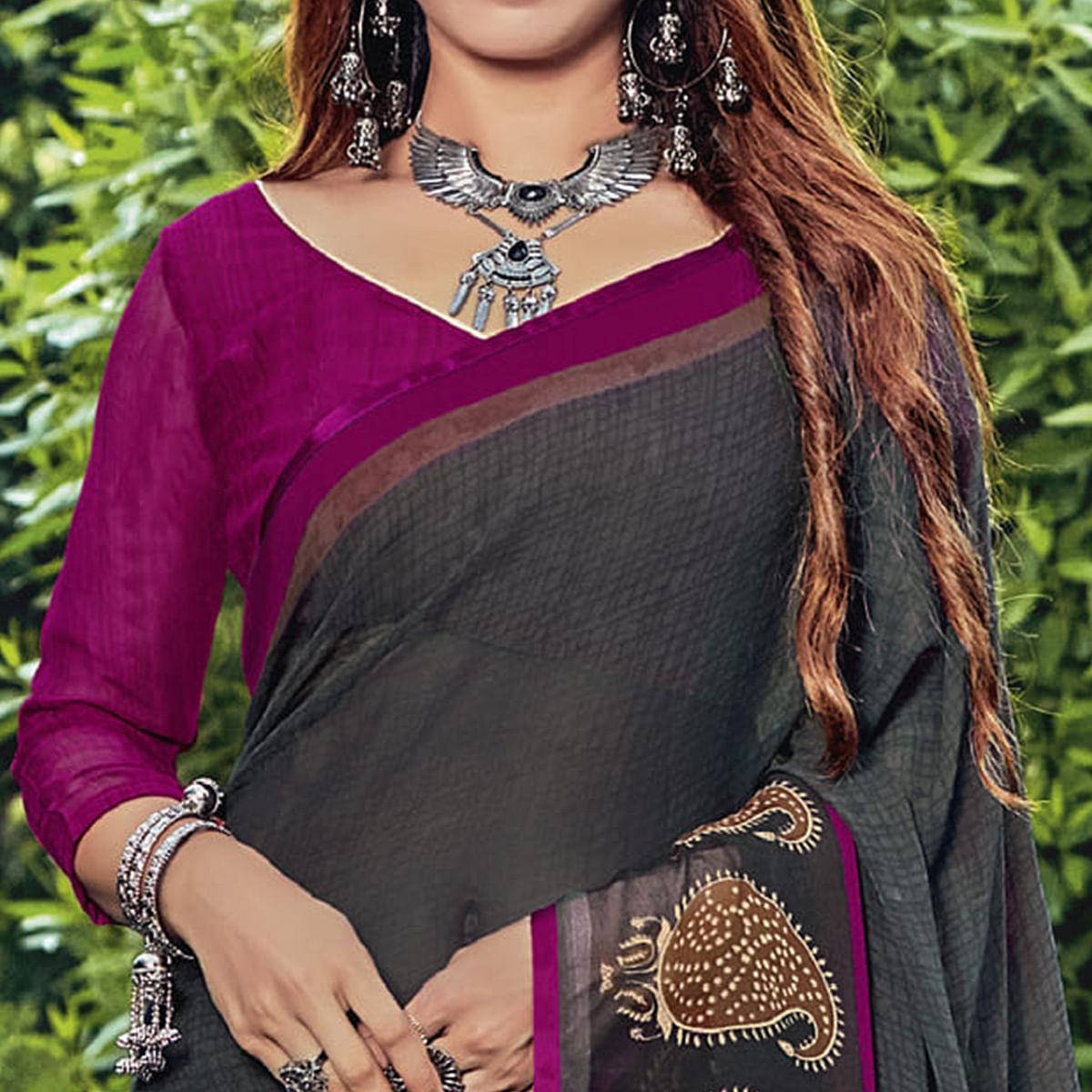 Grey Casual Wear Printed Georgette Saree - Peachmode