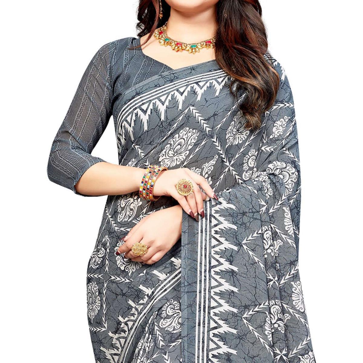 Grey Casual Wear Printed Georgette Saree - Peachmode