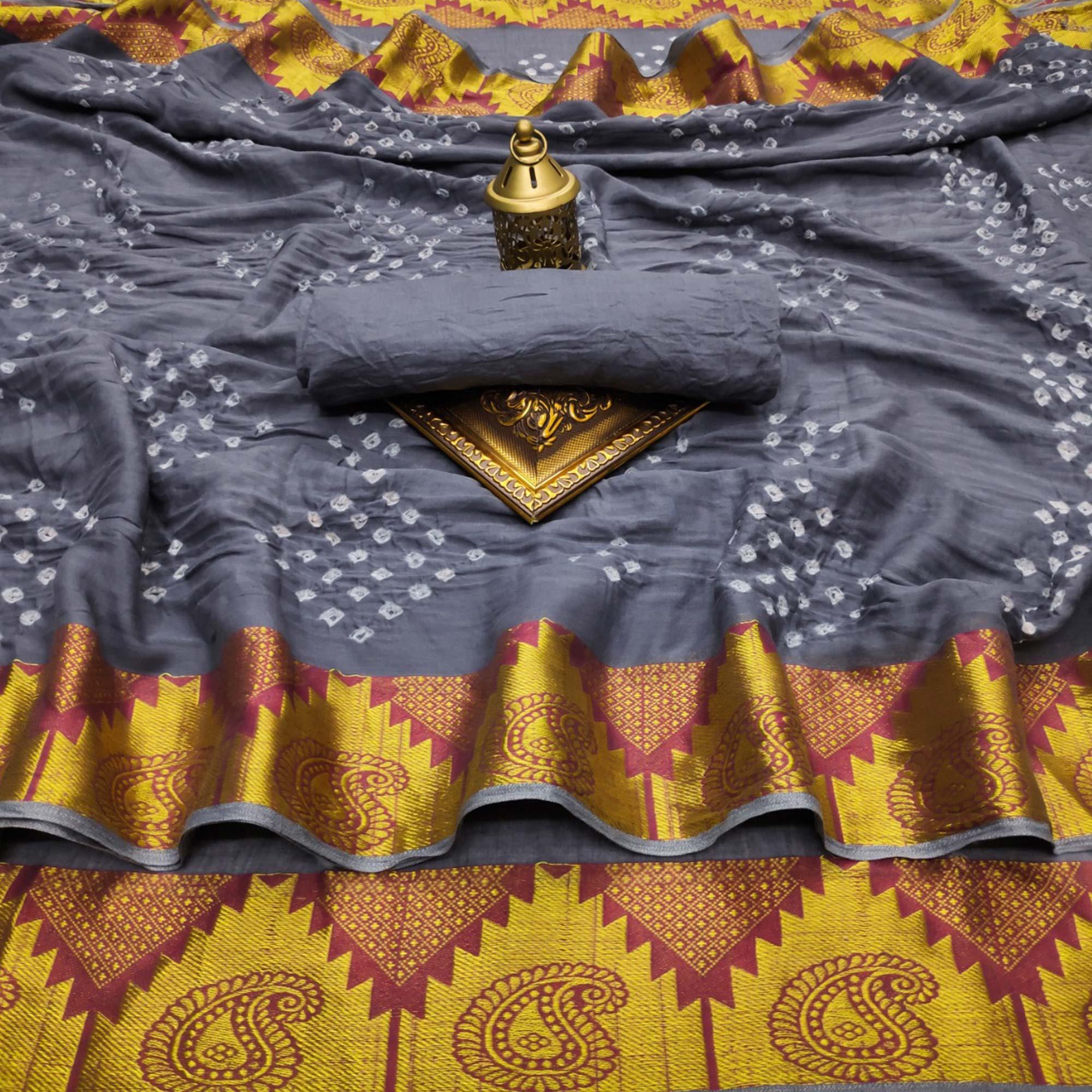 Grey Casual Wear Printed Hand Bandhej Zari Border Pure Cotton Saree - Peachmode