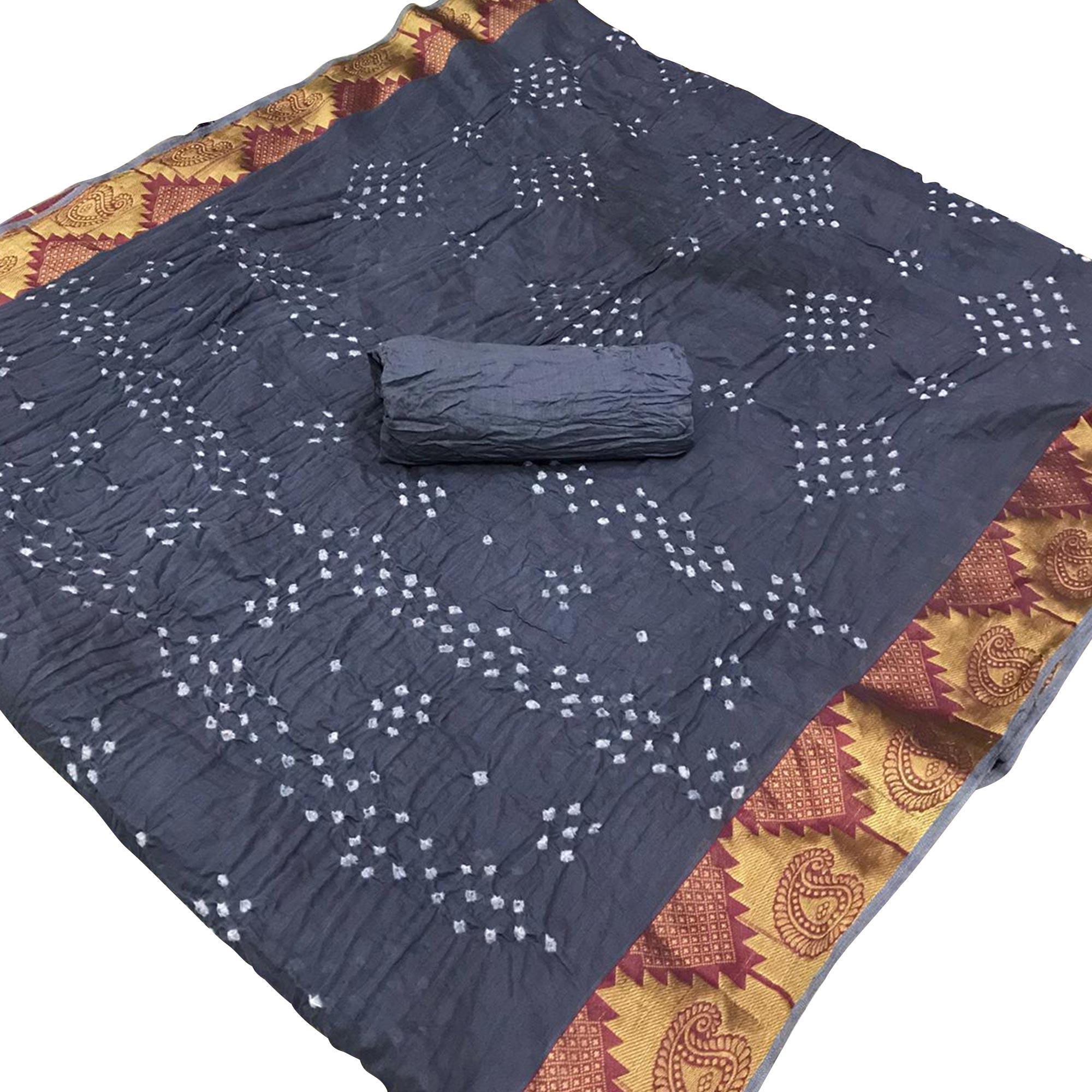 Grey Casual Wear Printed Hand Bandhej Zari Border Pure Cotton Saree - Peachmode