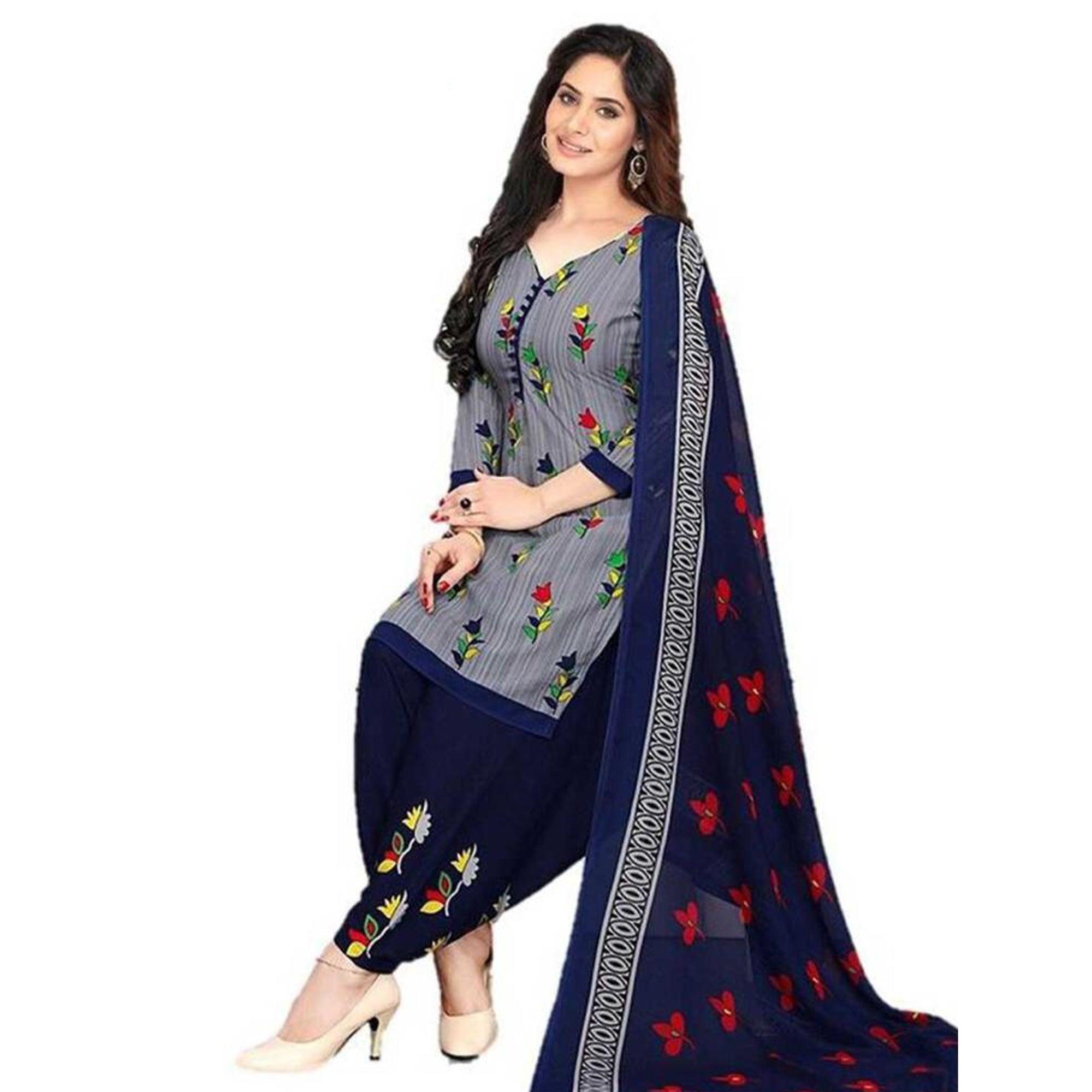 Grey Casual Wear Printed Leon Patiala Dress Material - Peachmode