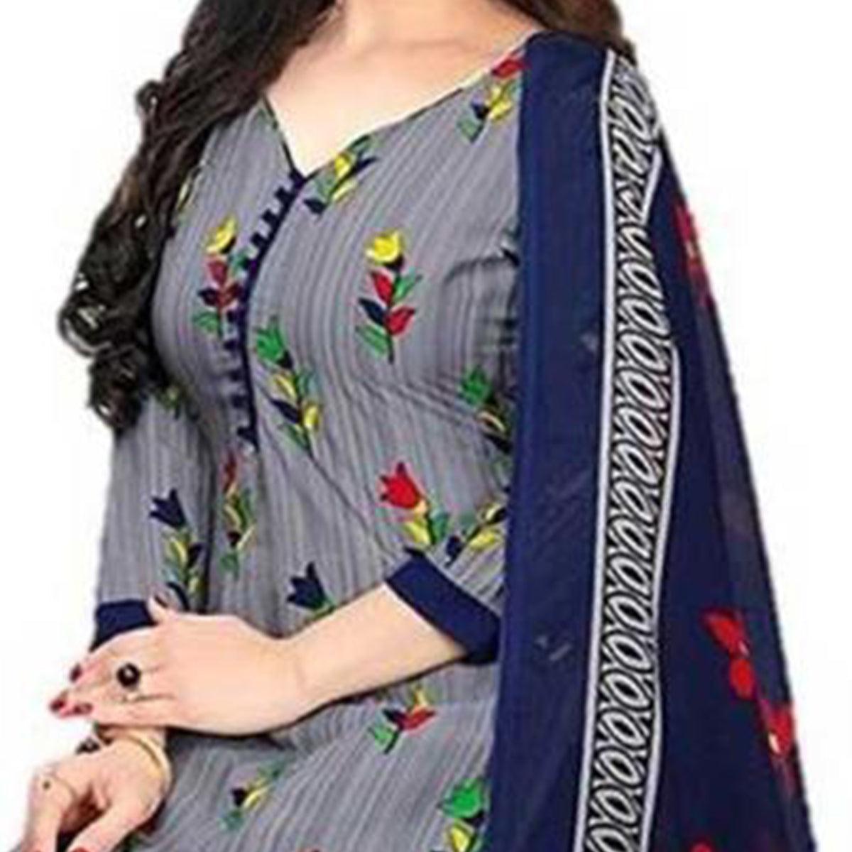 Grey Casual Wear Printed Leon Patiala Dress Material - Peachmode