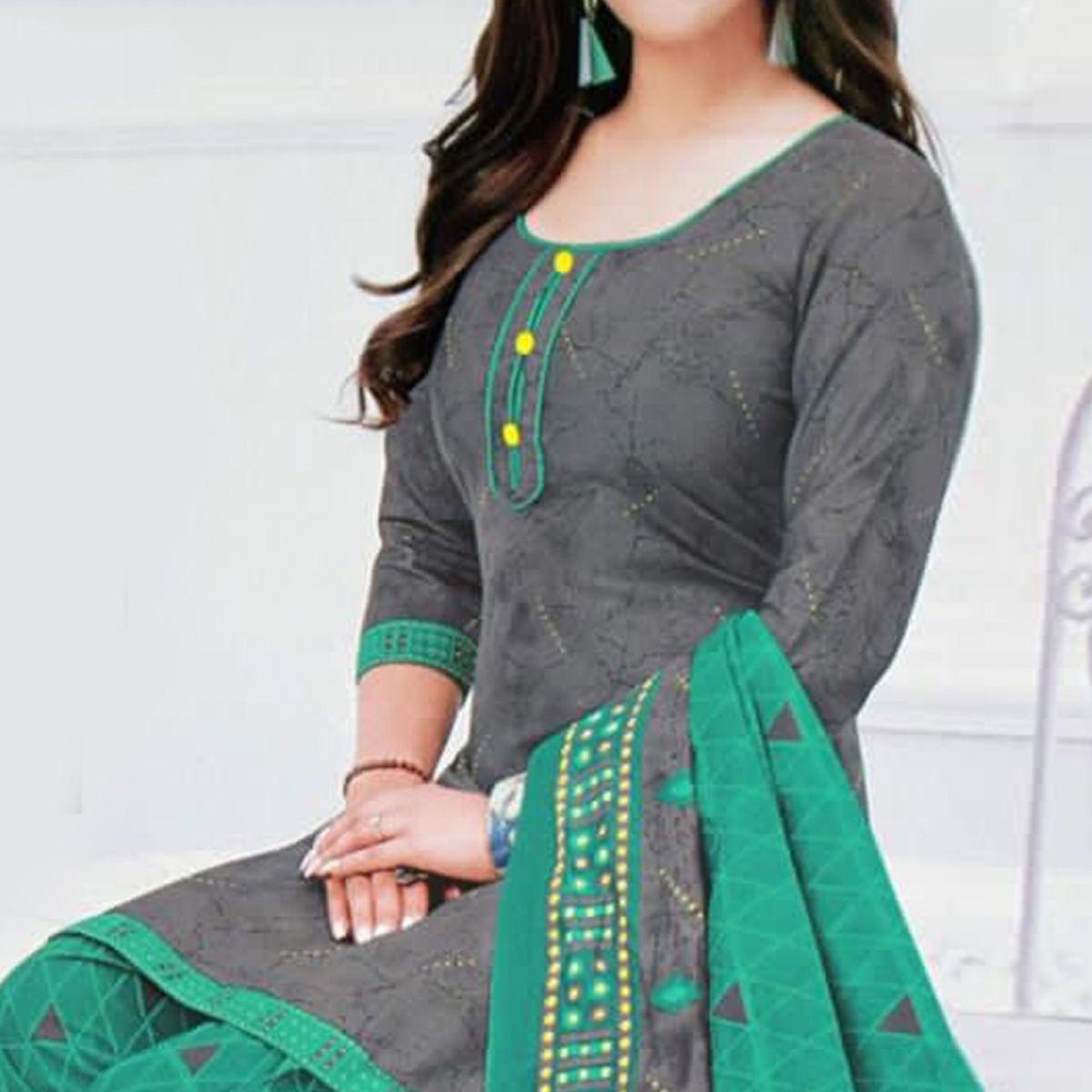 Grey Casual Wear Printed Leon Patiala Dress Material - Peachmode