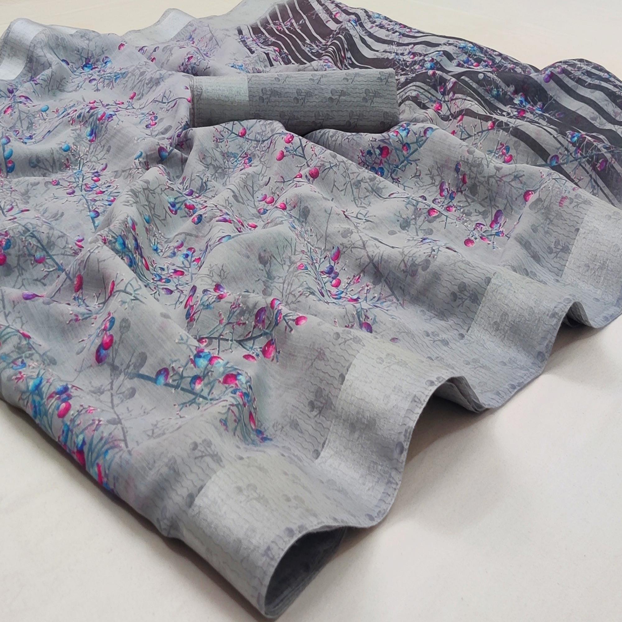 Grey Casual Wear Printed Linen Cotton Saree - Peachmode