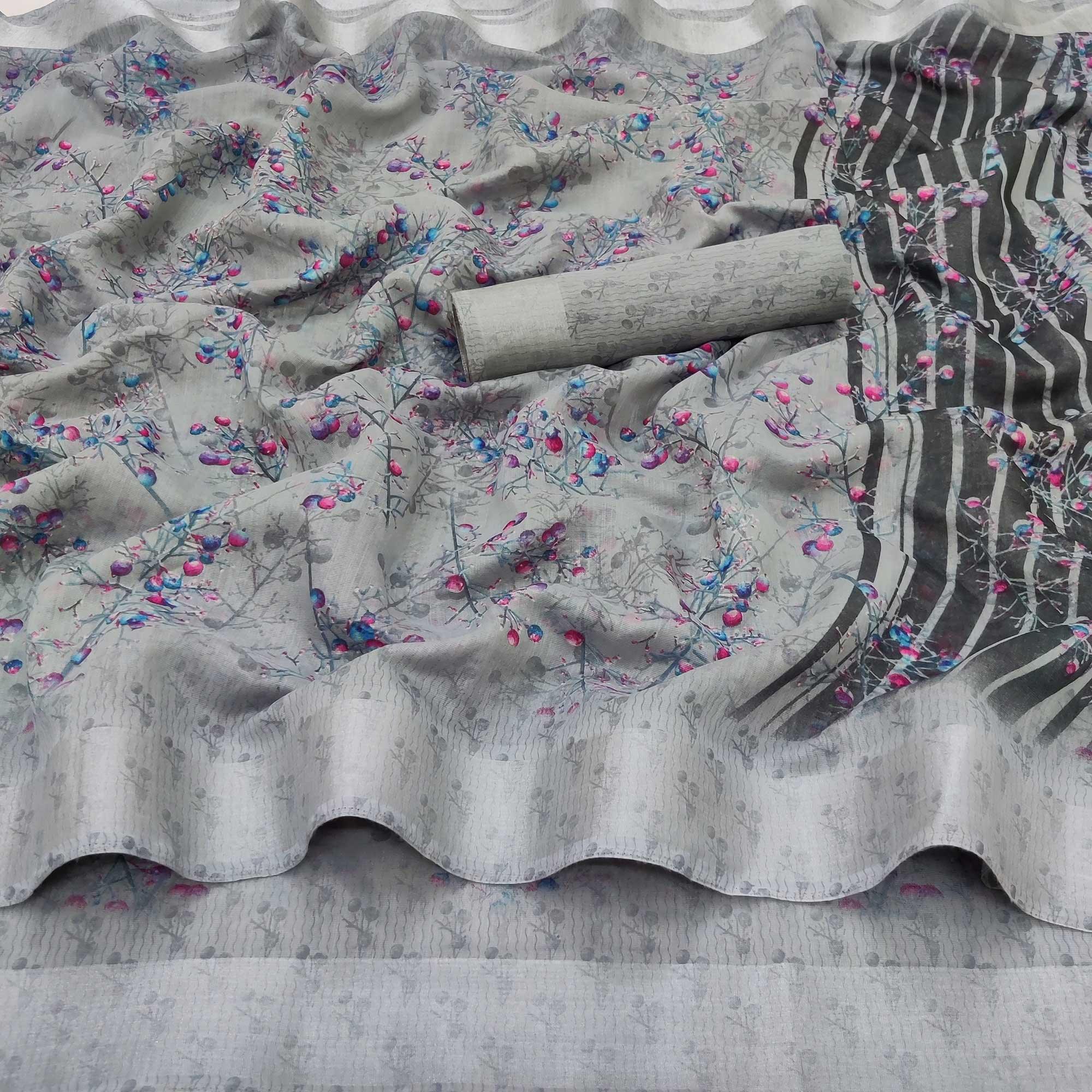 Grey Casual Wear Printed Linen Cotton Saree - Peachmode