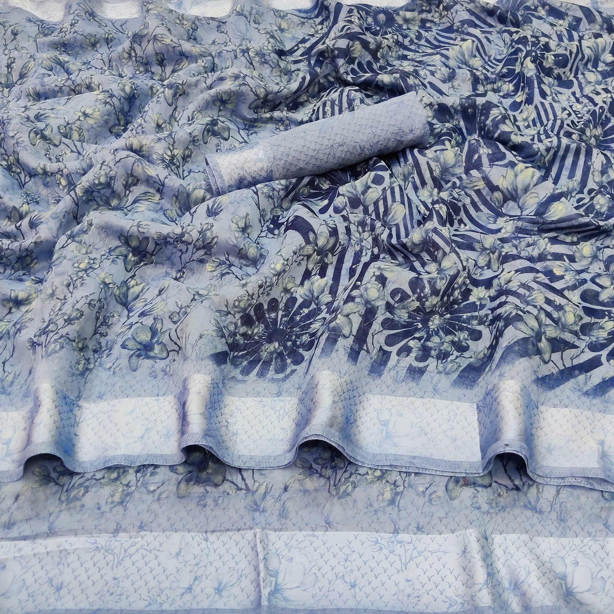 Grey Casual Wear Printed Linen Cotton Saree - Peachmode