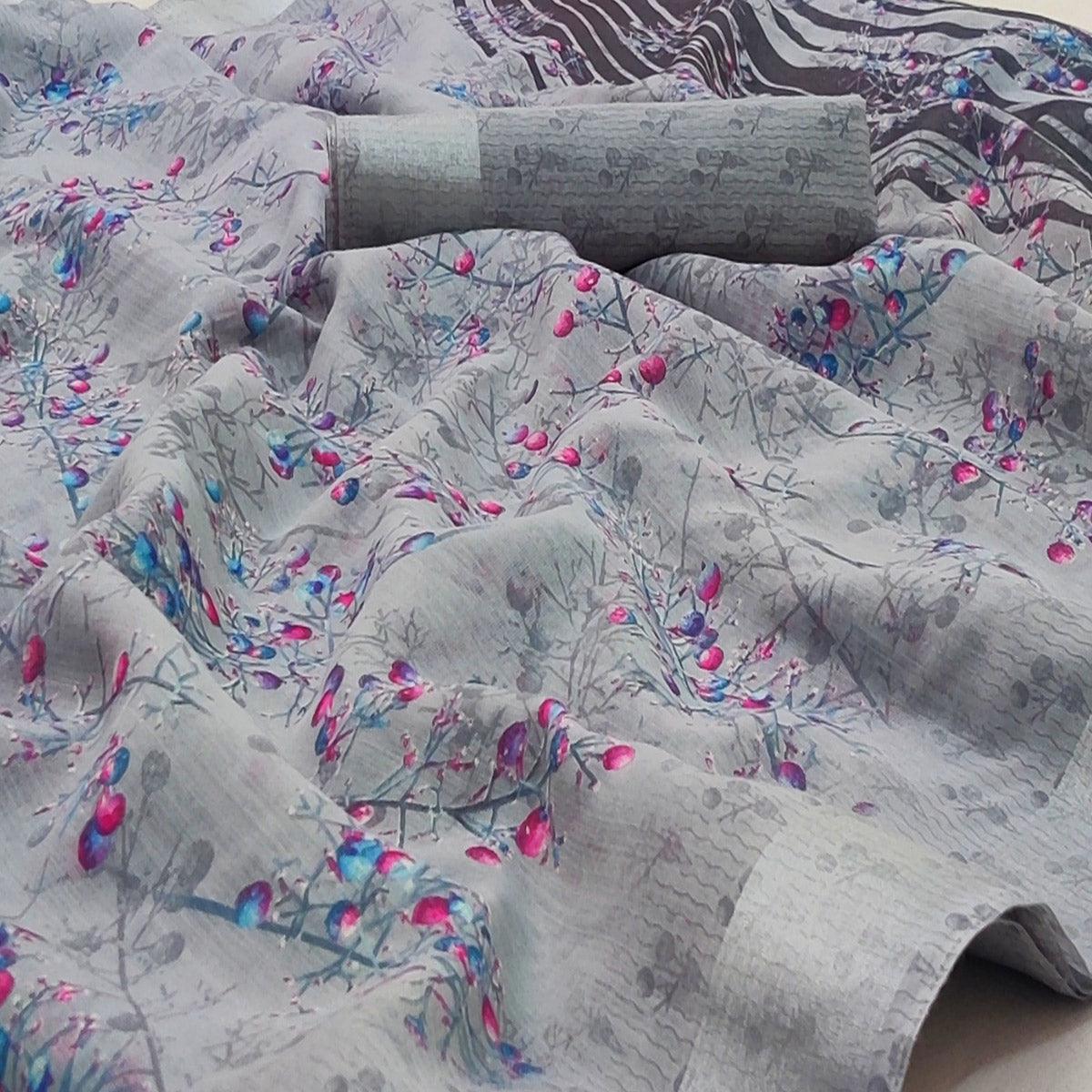 Grey Casual Wear Printed Linen Cotton Saree - Peachmode