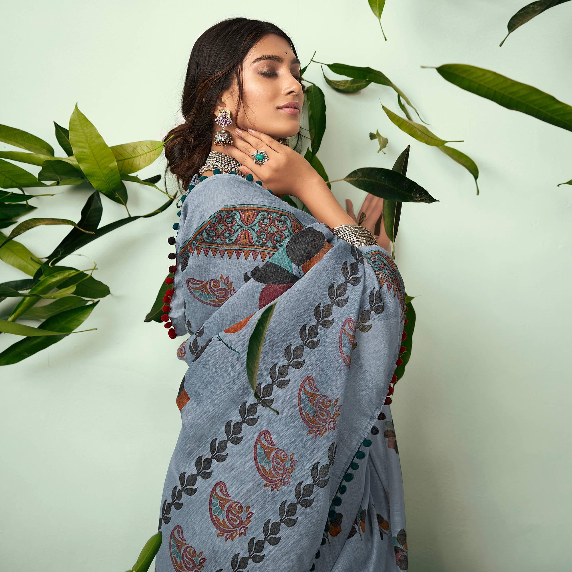 Grey Casual Wear Printed Mul Mul Cotton Saree - Peachmode