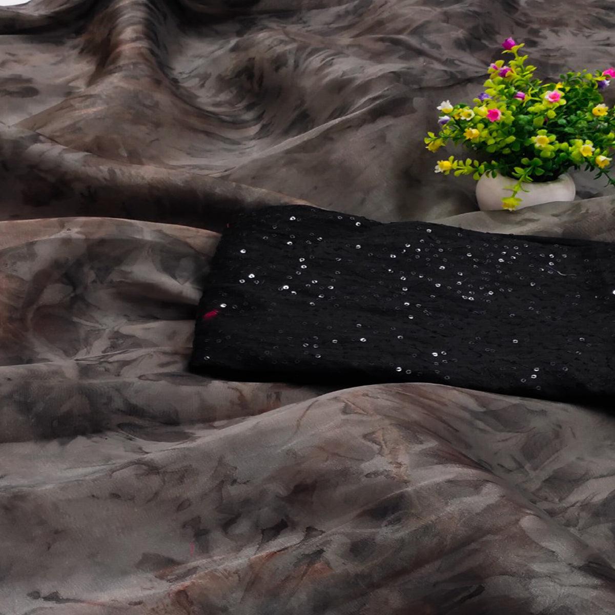 Grey Casual Wear Printed Organza Saree - Peachmode