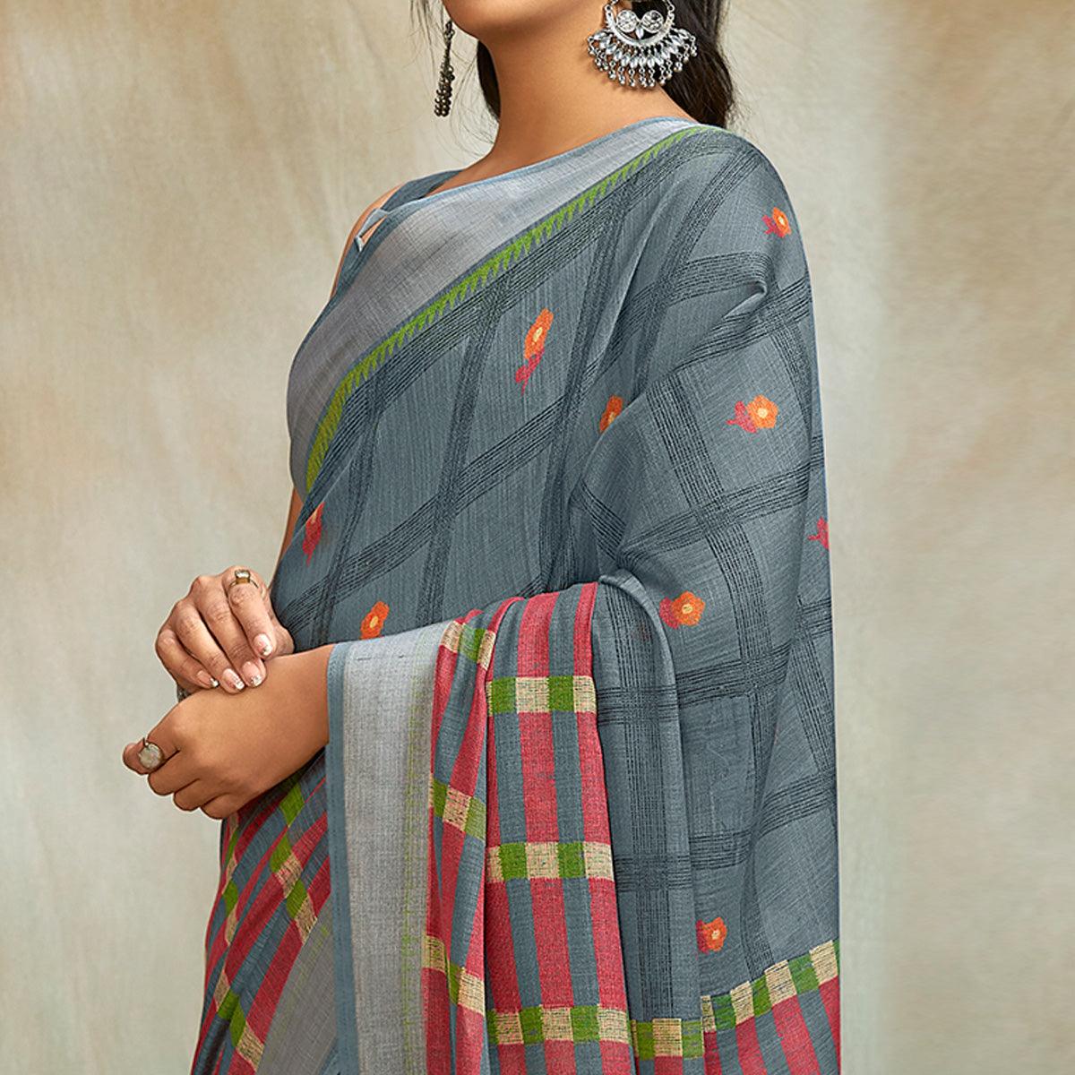 Grey Casual Wear Printed Pure Linen Saree - Peachmode