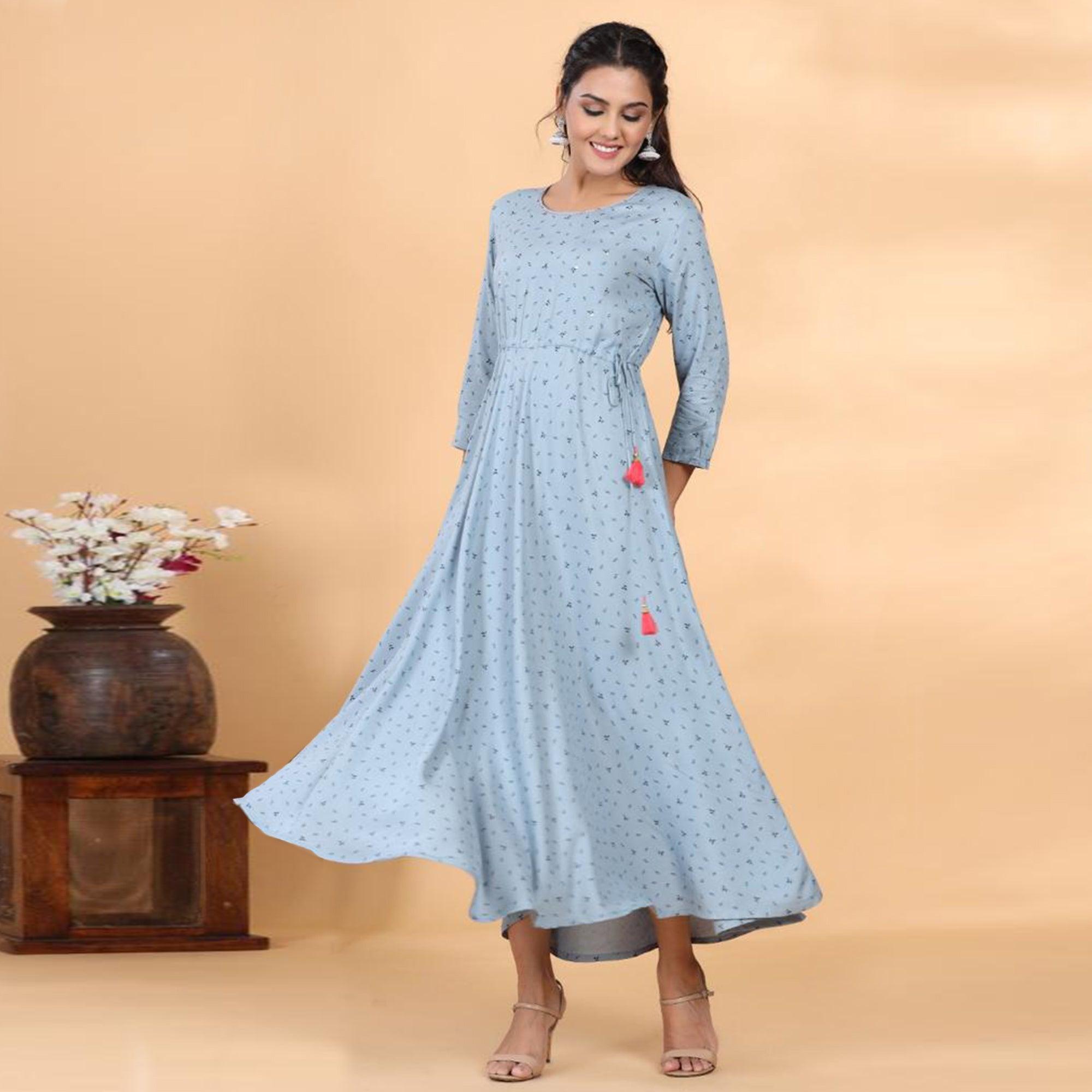 Grey Casual Wear Printed Rayon Long Kurti - Peachmode
