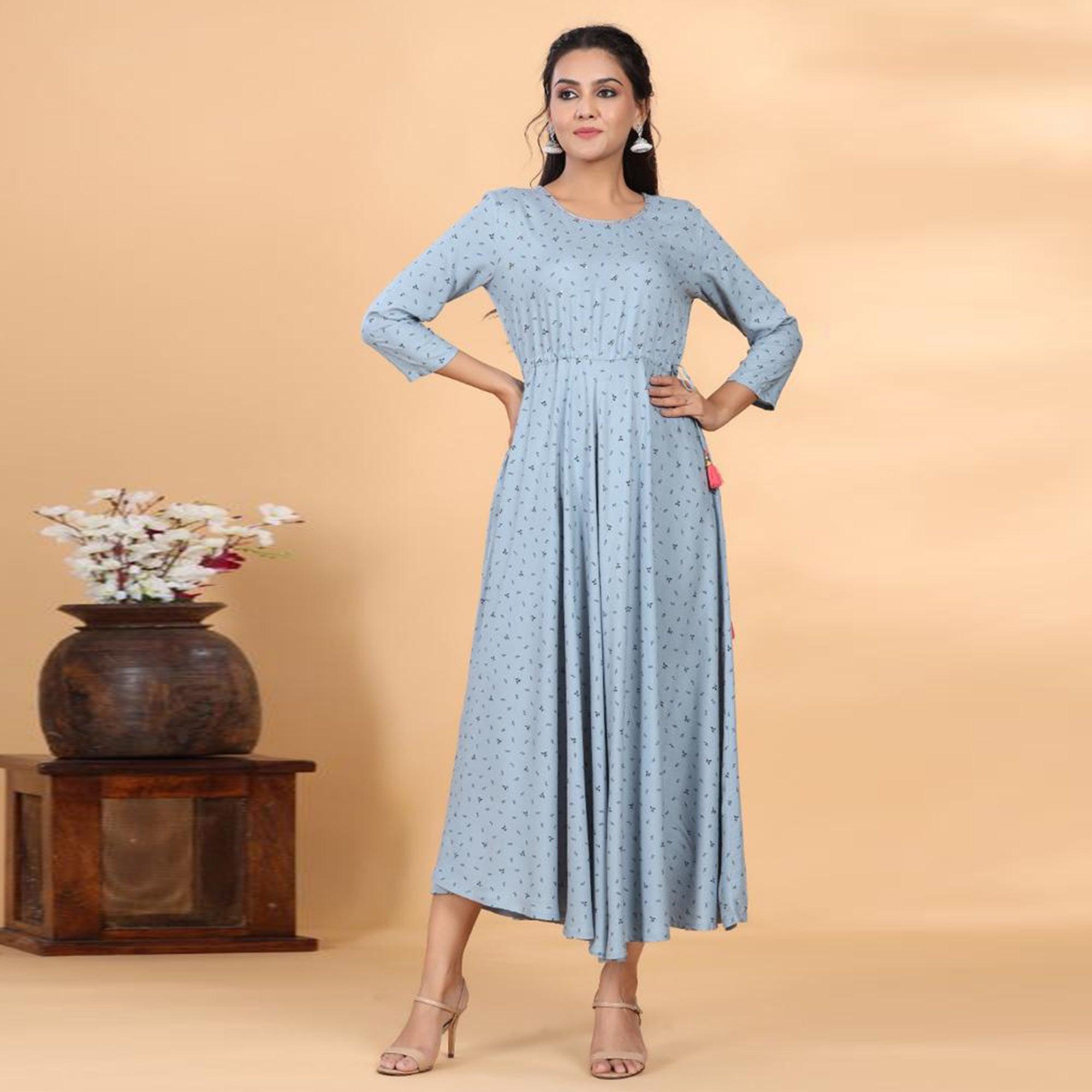 Grey Casual Wear Printed Rayon Long Kurti - Peachmode