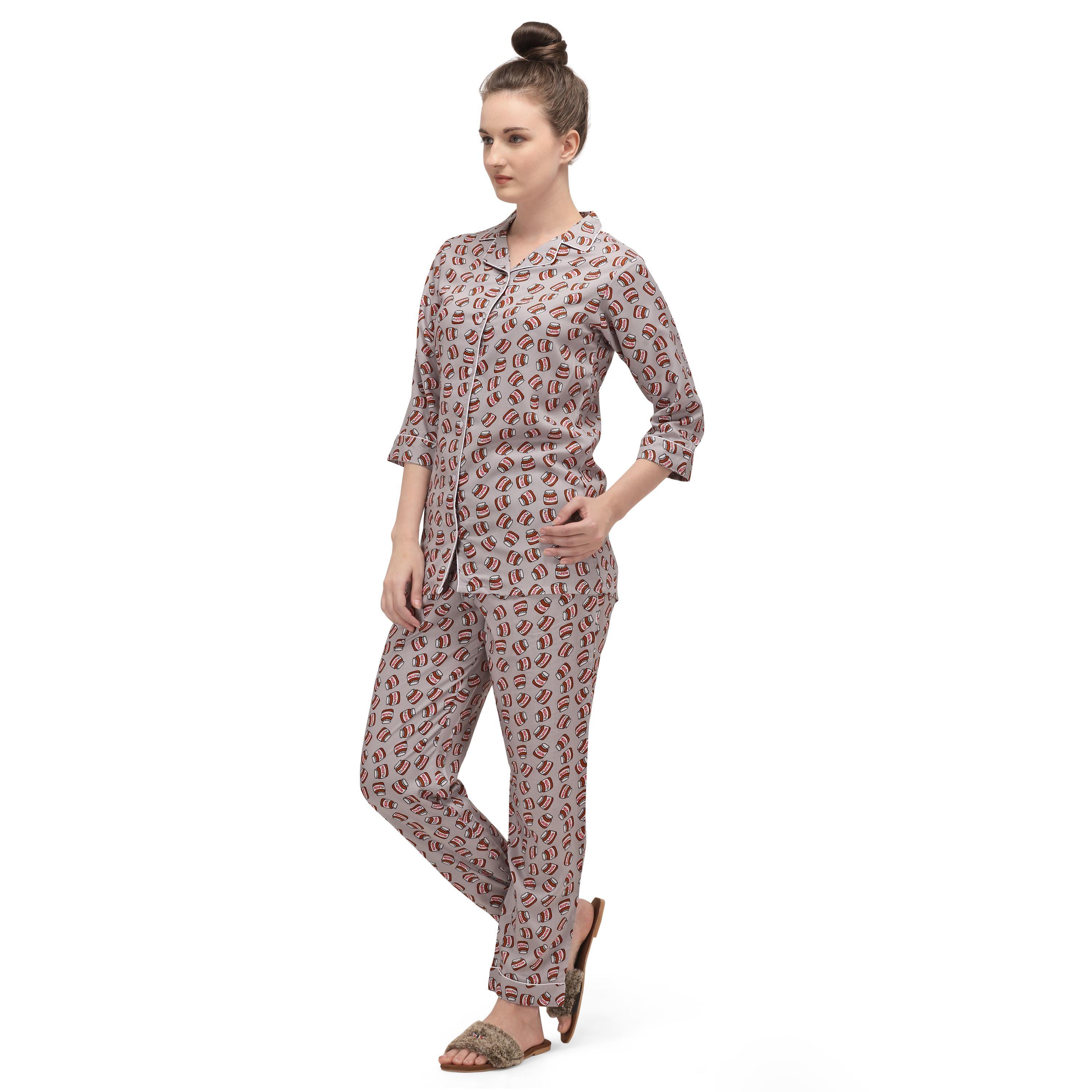 Grey Casual Wear Printed Rayon Night Suit - Peachmode