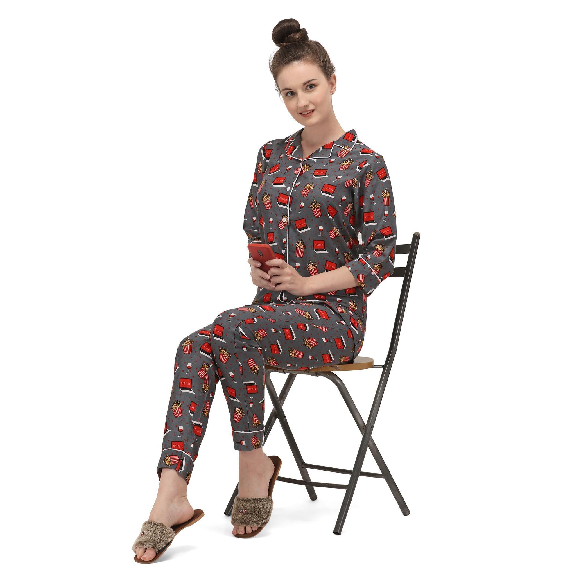 Grey Casual Wear Printed Rayon Night Suit - Peachmode