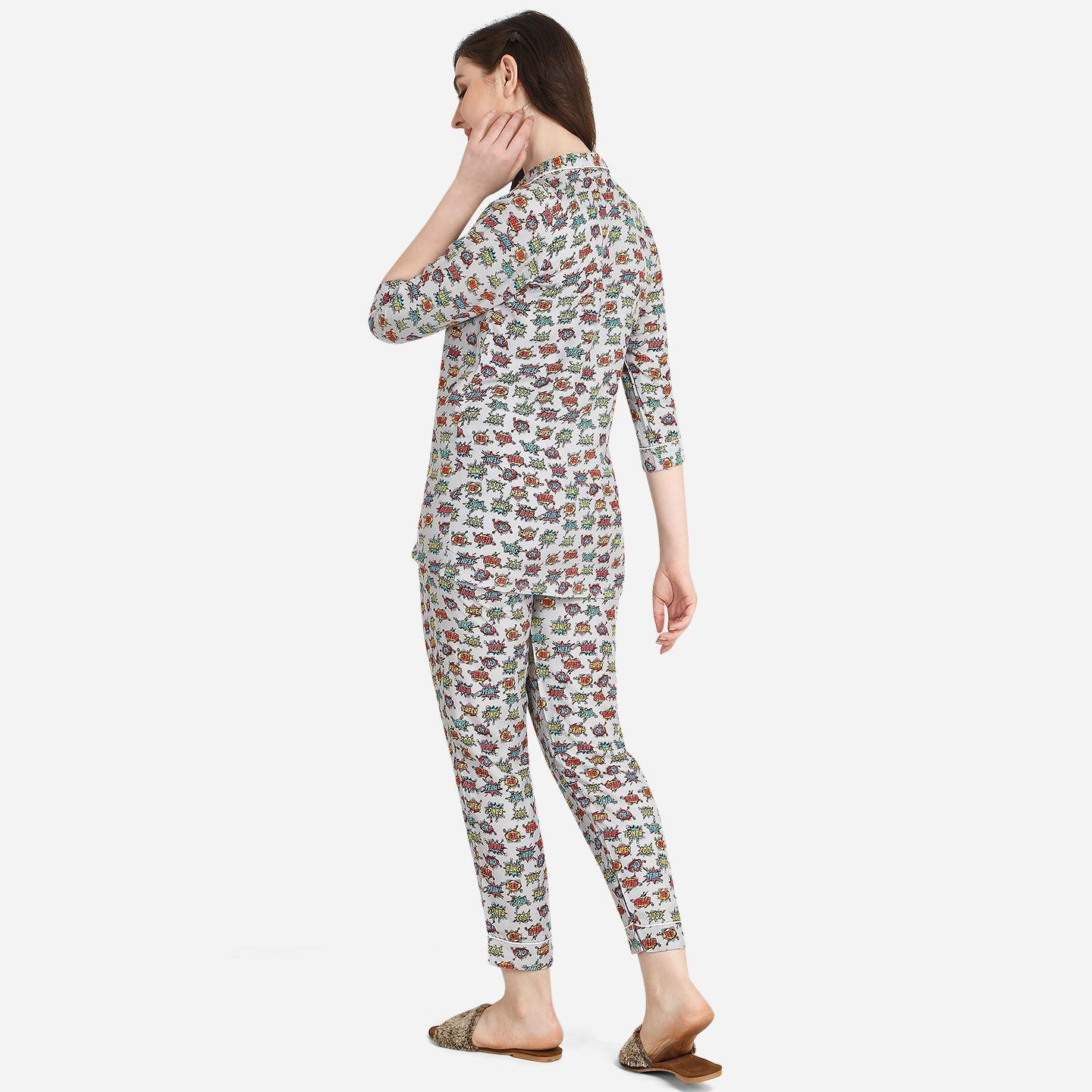 Grey Casual Wear Printed Rayon Night Suit - Peachmode