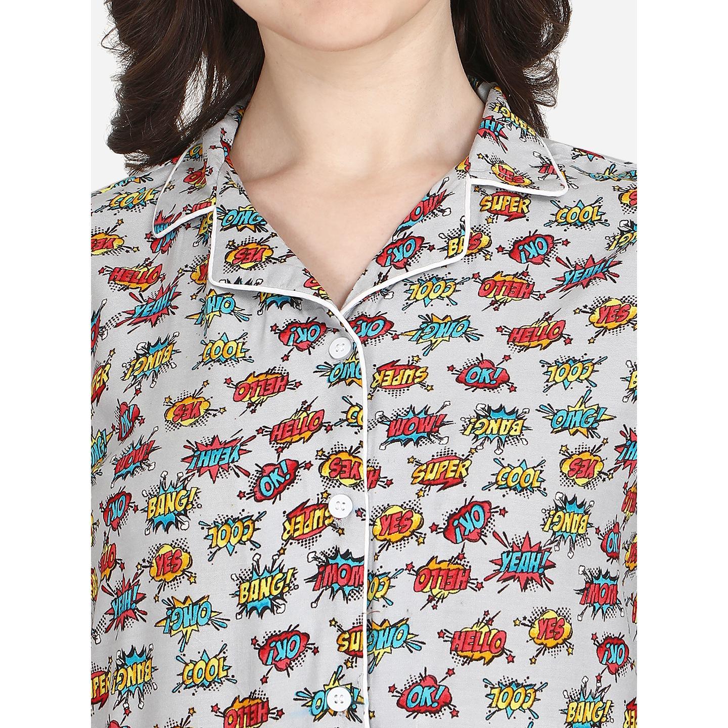 Grey Casual Wear Printed Rayon Night Suit - Peachmode