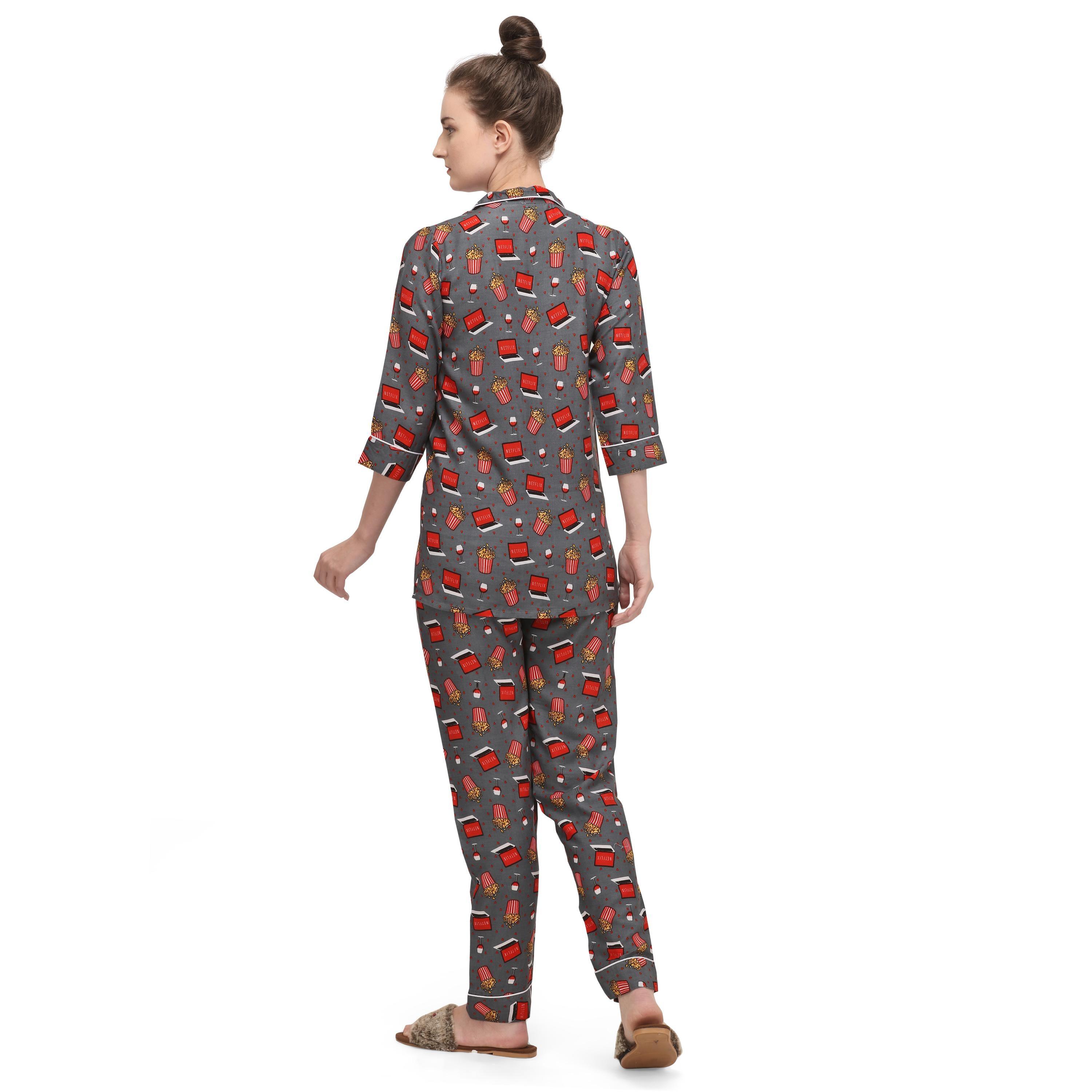 Grey Casual Wear Printed Rayon Night Suit - Peachmode