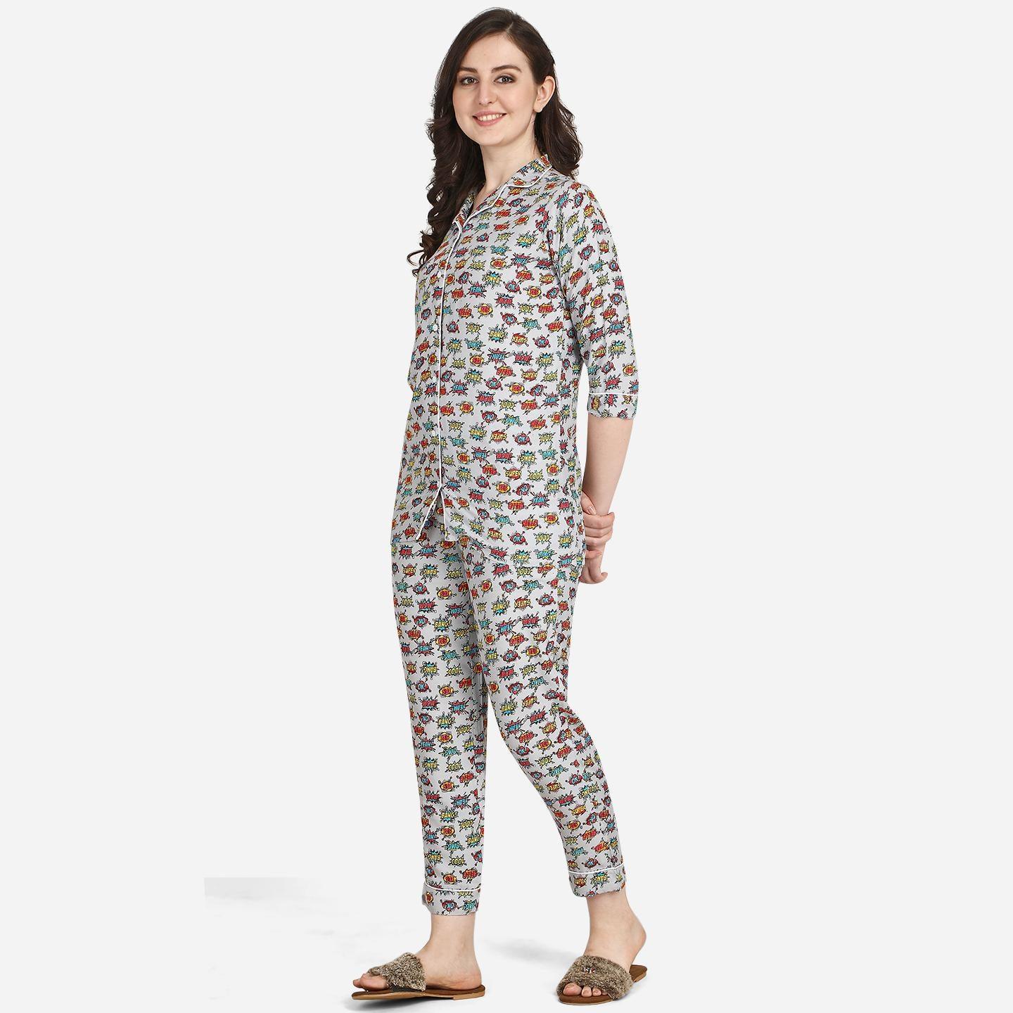 Grey Casual Wear Printed Rayon Night Suit - Peachmode