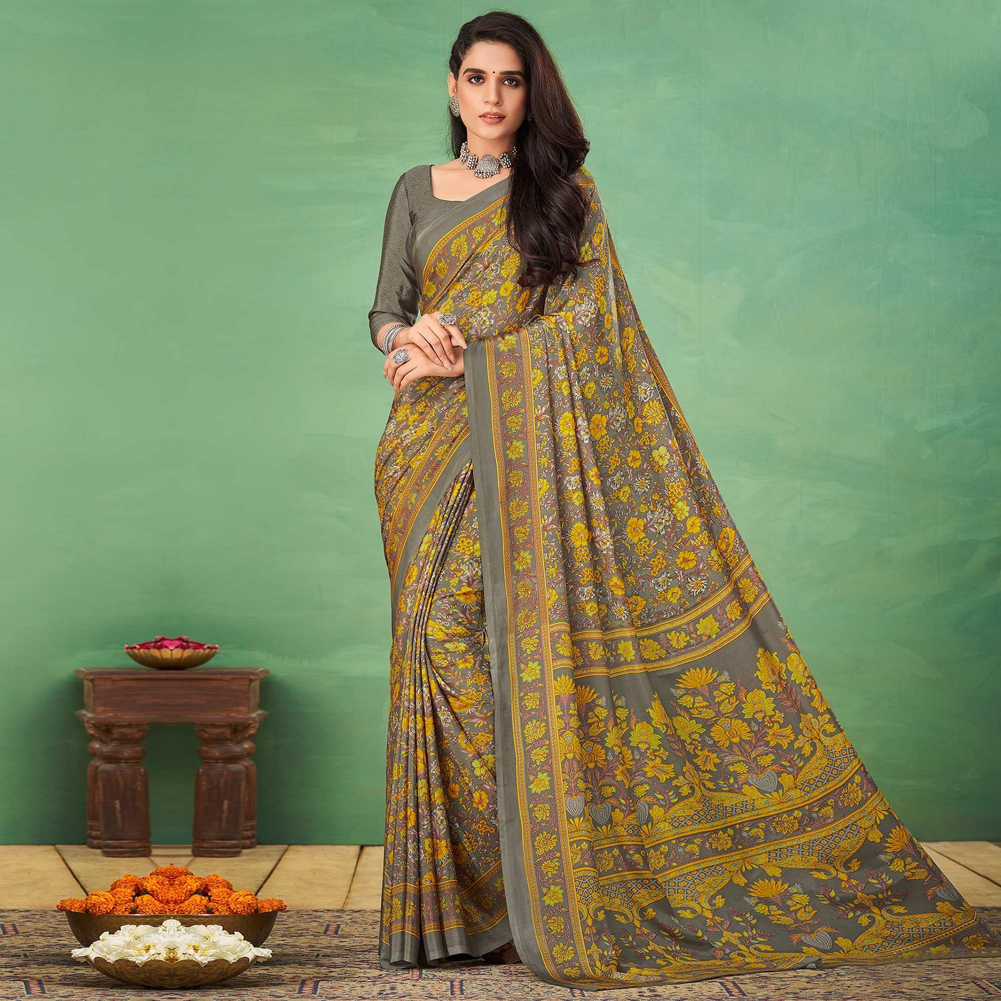 Grey Casual Wear Printed Silk Saree - Peachmode