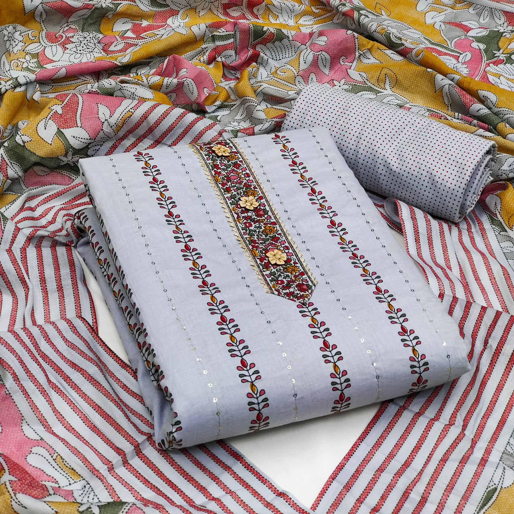 Grey Casual Wear Sequence & Printed Cotton Dress Material - Peachmode