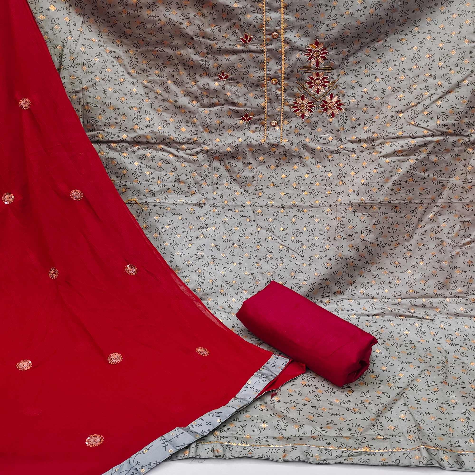 Grey Casual Wear Sequence & Printed Cotton Dress Material - Peachmode