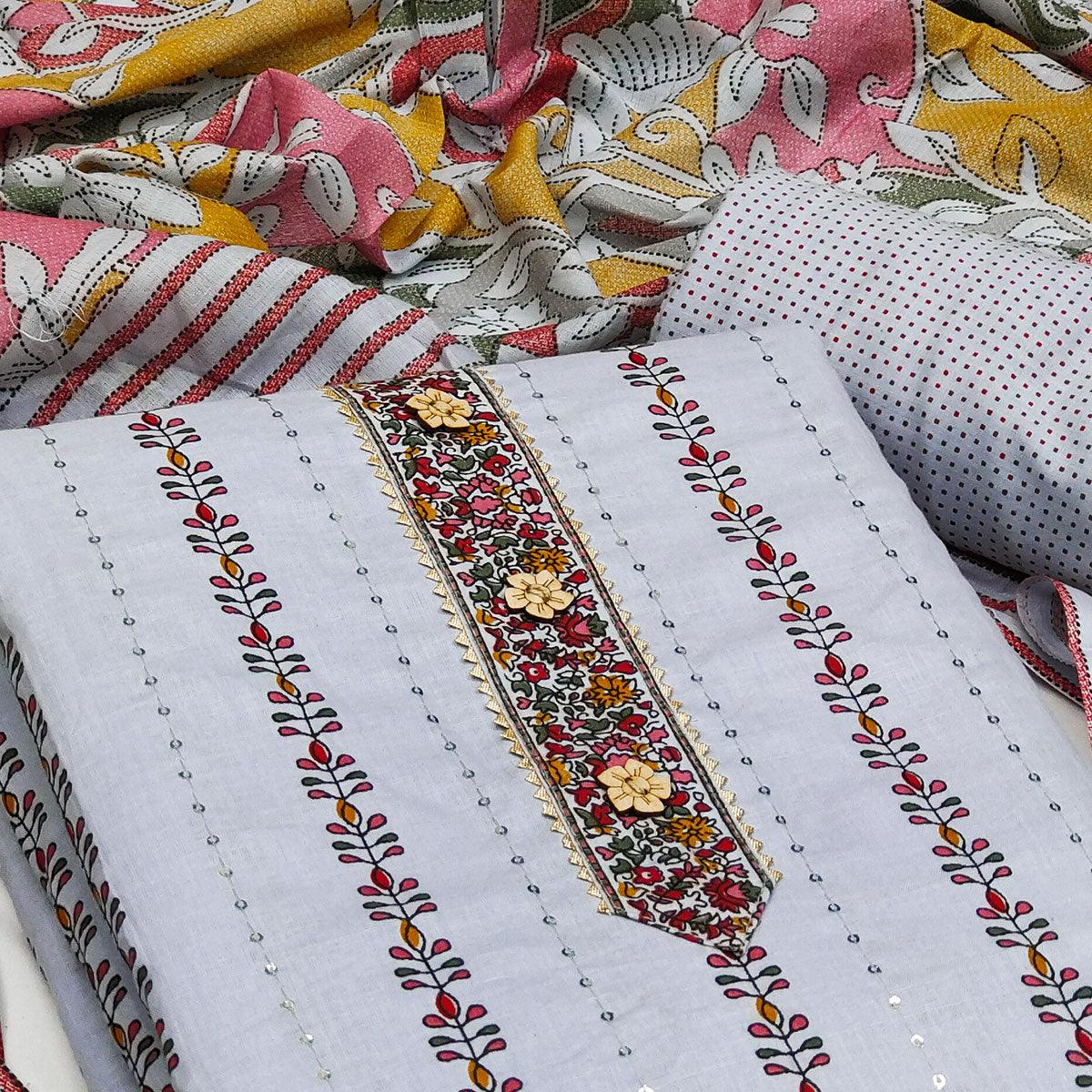 Grey Casual Wear Sequence & Printed Cotton Dress Material - Peachmode
