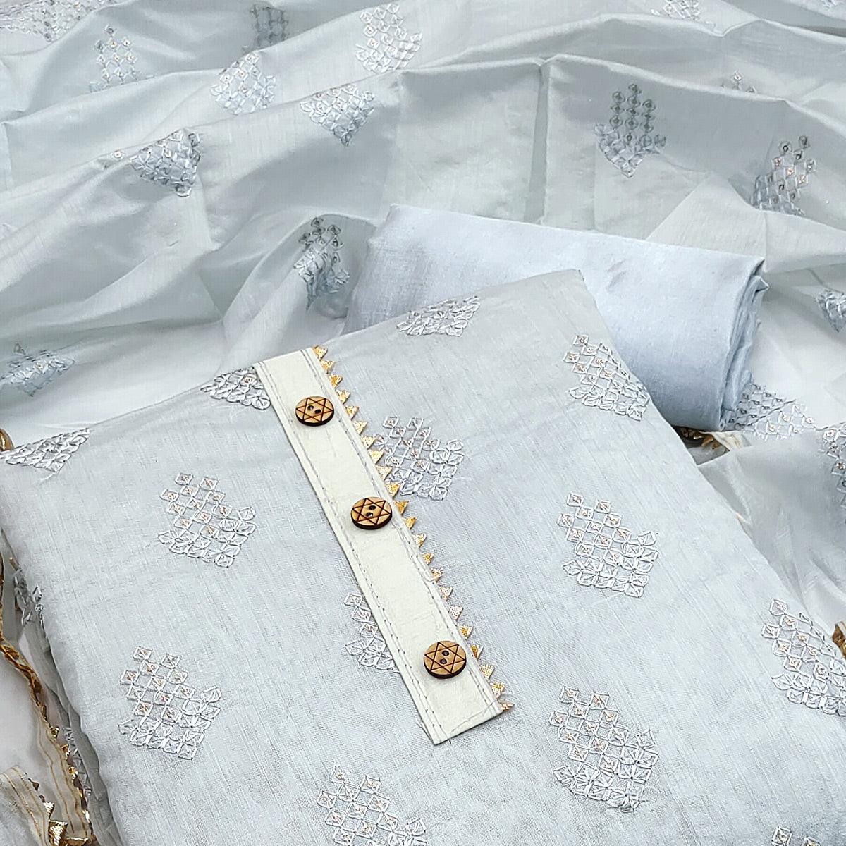Grey Casual Wear Sequence Embroidered Chanderi Dress Material - Peachmode