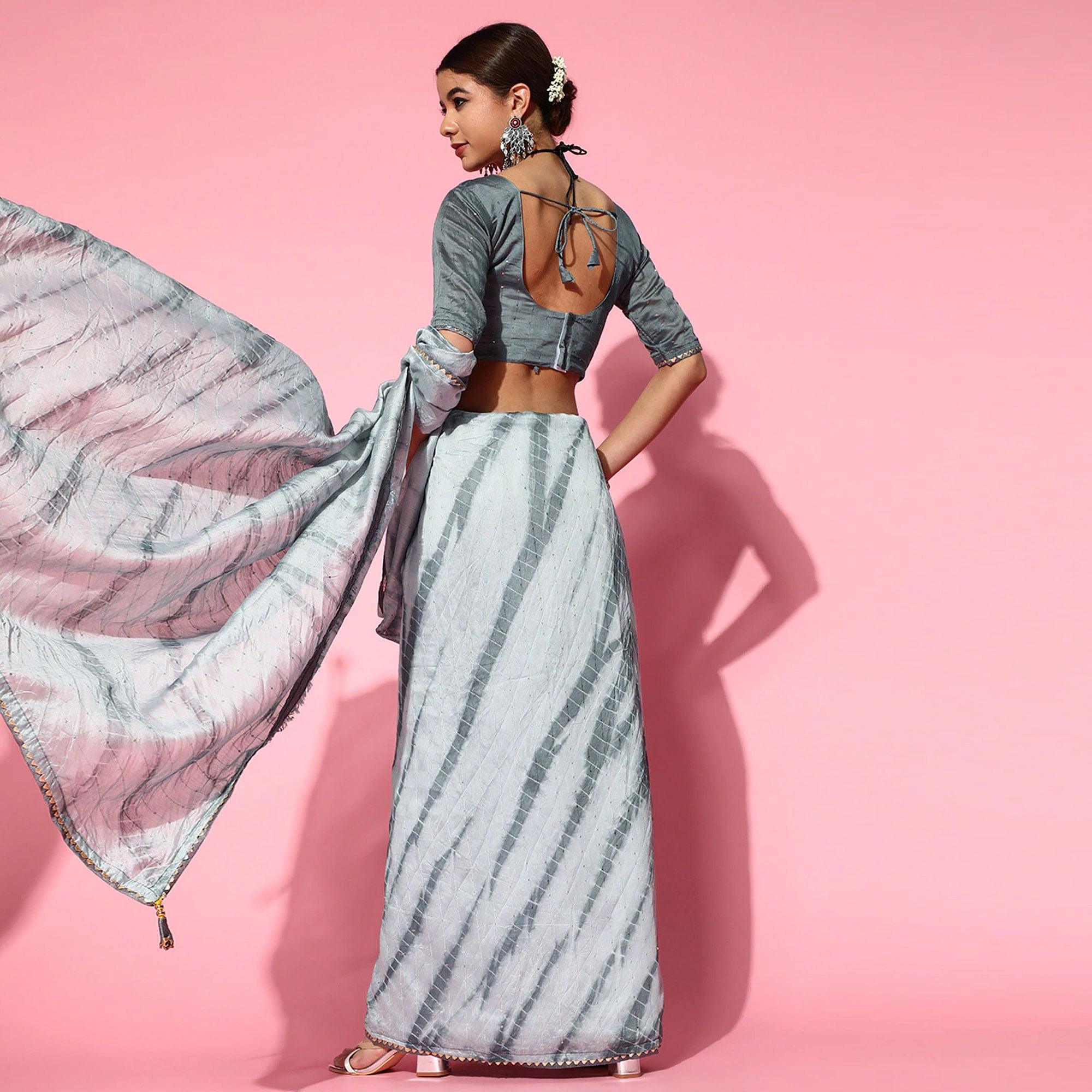 Grey Casual Wear Sequence Work Pure Cotton Silk Saree - Peachmode