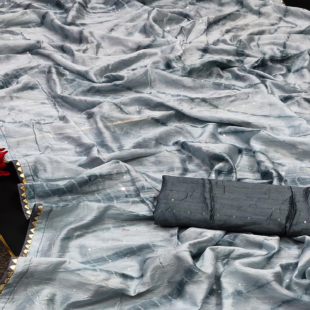 Grey Casual Wear Sequence Work Pure Cotton Silk Saree - Peachmode