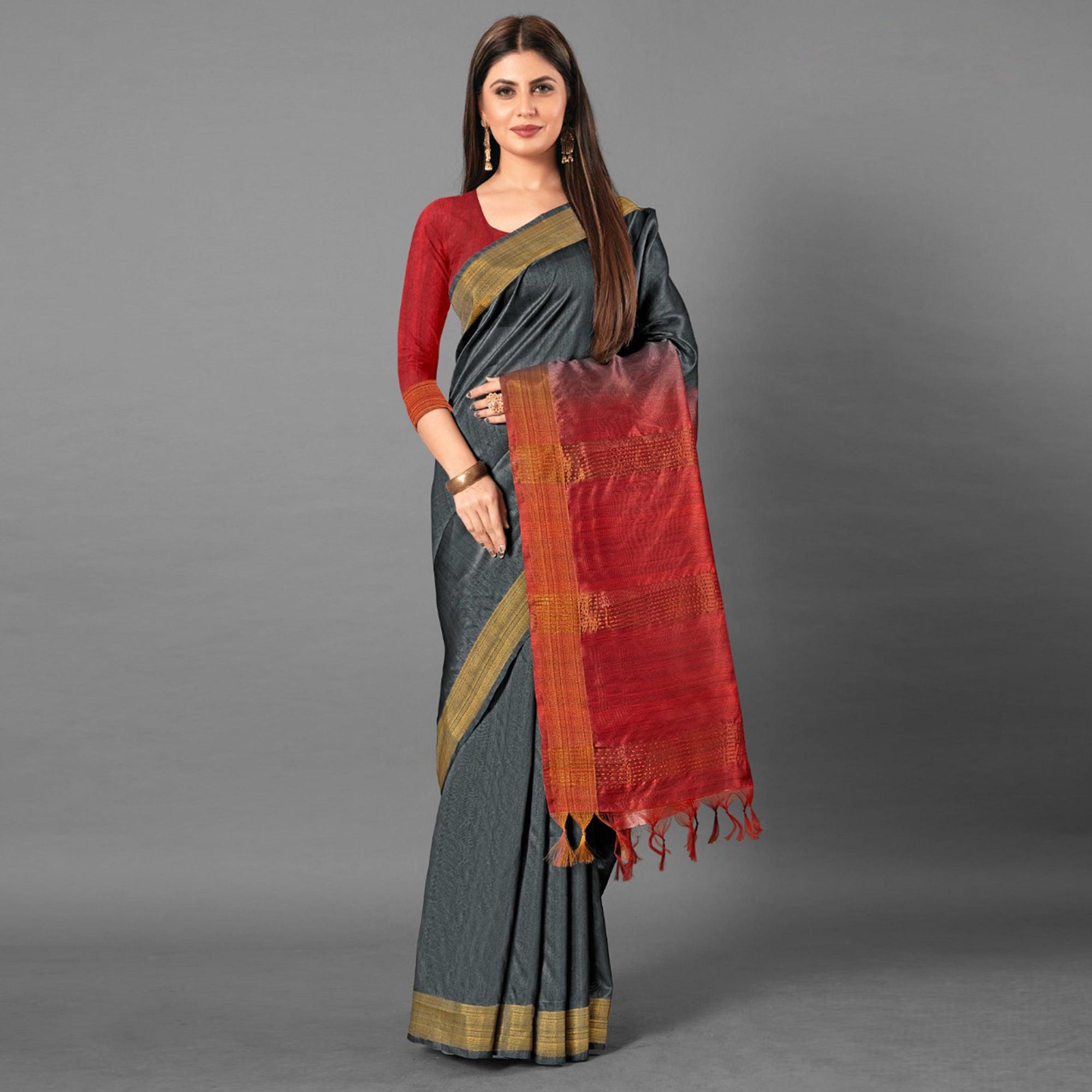 Grey Casual Wear Solid Cotton silk Saree - Peachmode