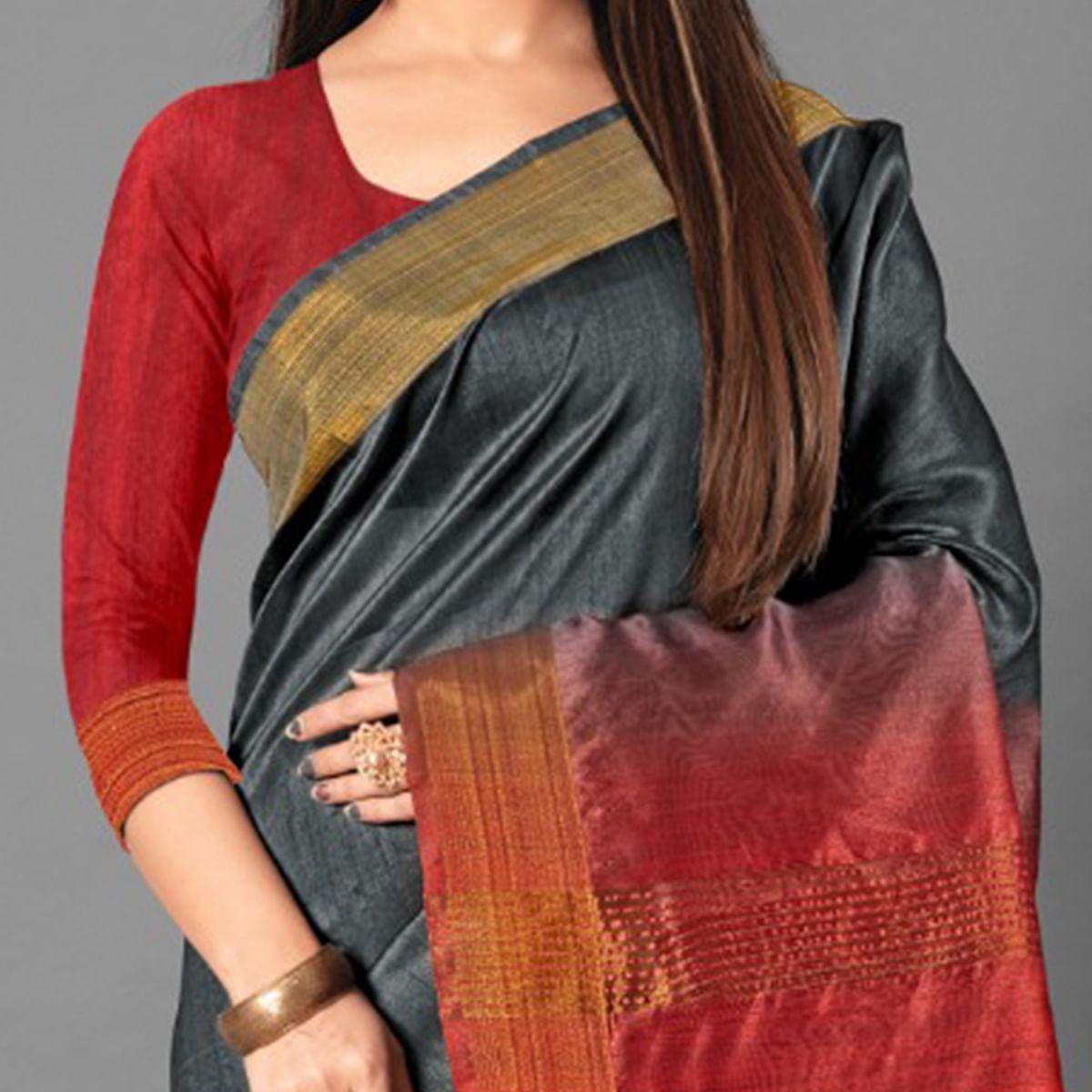 Grey Casual Wear Solid Cotton silk Saree - Peachmode